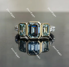 DovEggs emerald bezel setting three-stone moissanite ring