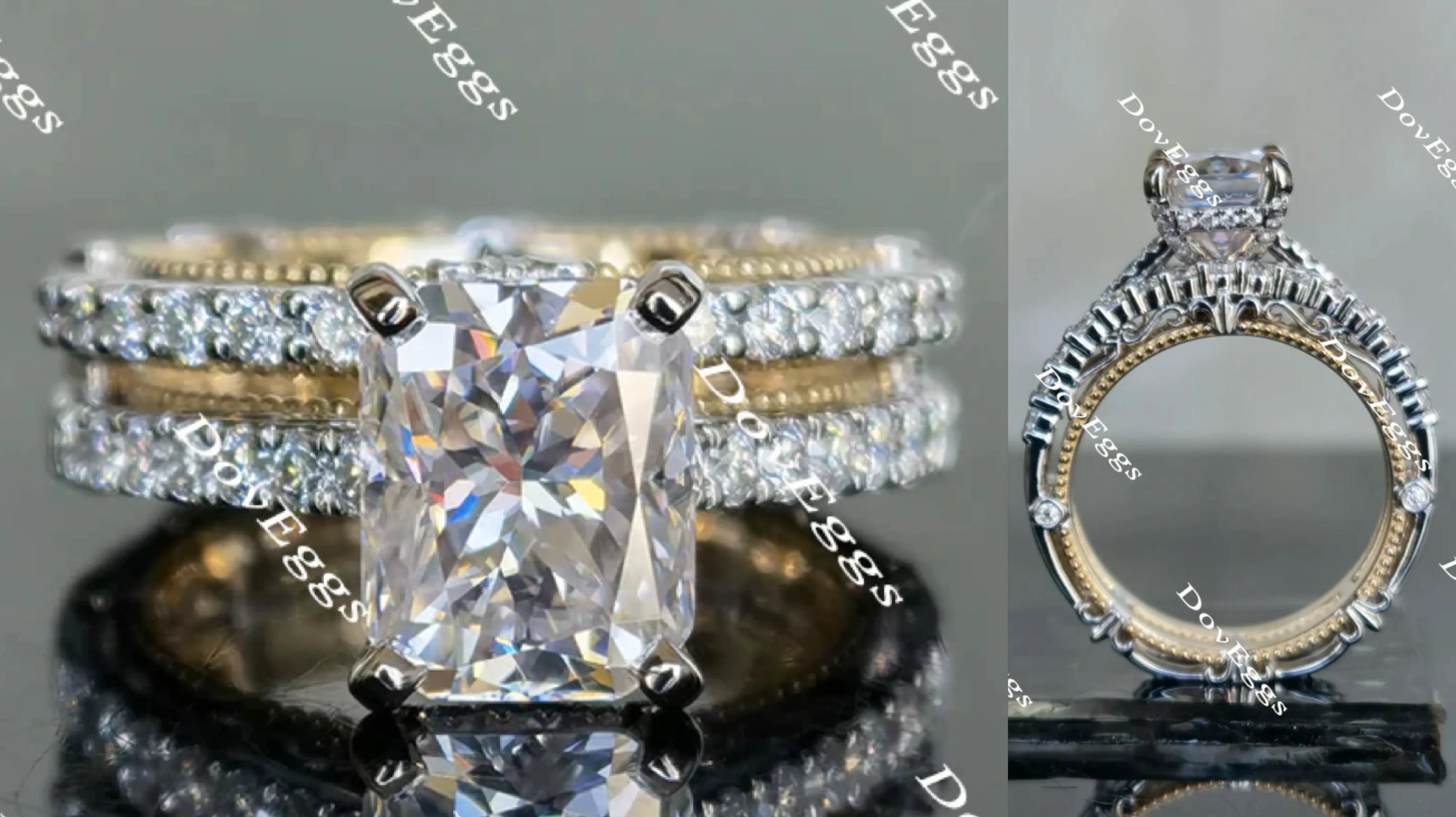 Doveggs Radiant Vintage/Antique Moissanite bridal set(2rings)