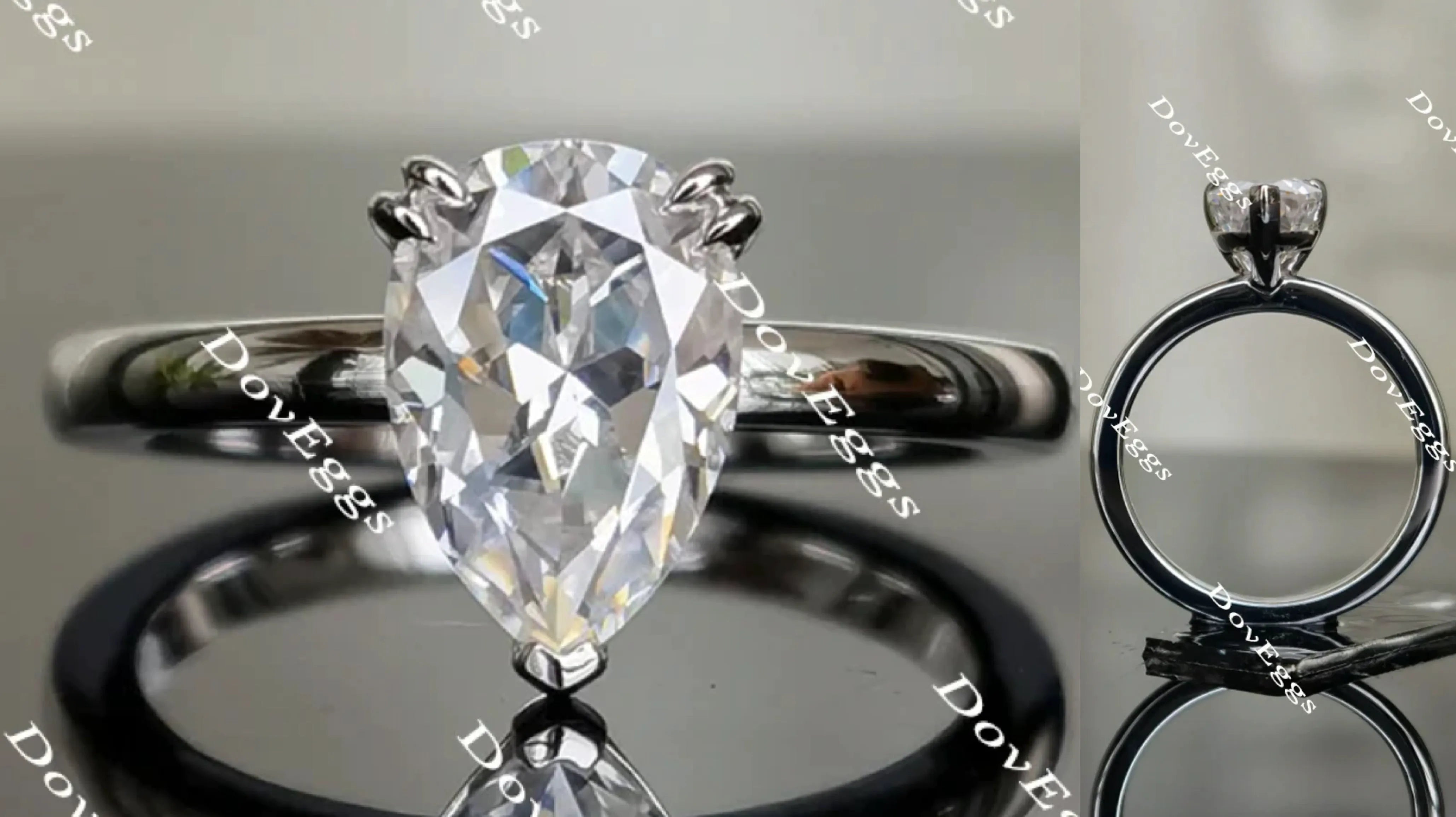 DovEggs pear solitaire moissanite engagement ring