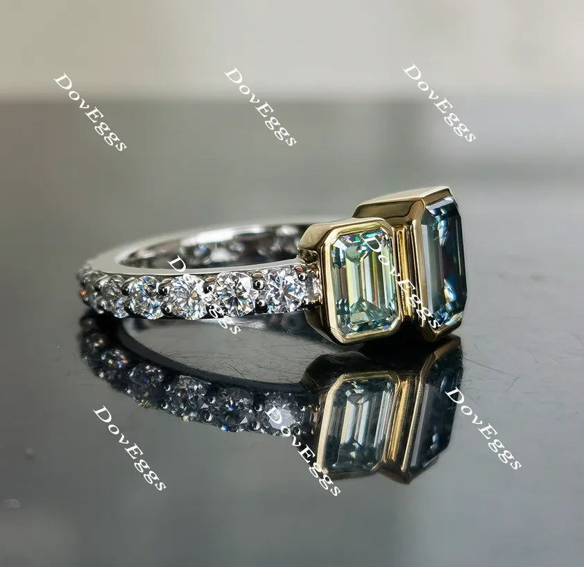 DovEggs emerald bezel setting three-stone moissanite ring