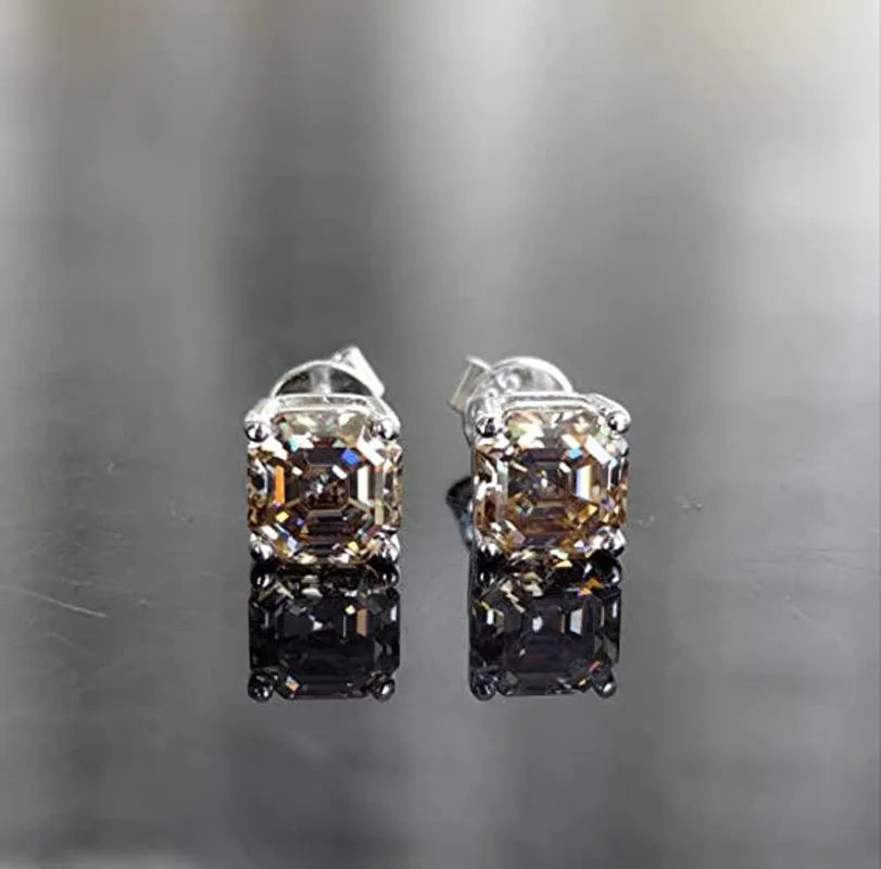 Doveggs 10k gold post sterling silver 2cttw champagne asscher moissanite push back earrings