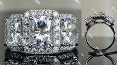 Doveggs halo three stone radiant moissanite engagement ring