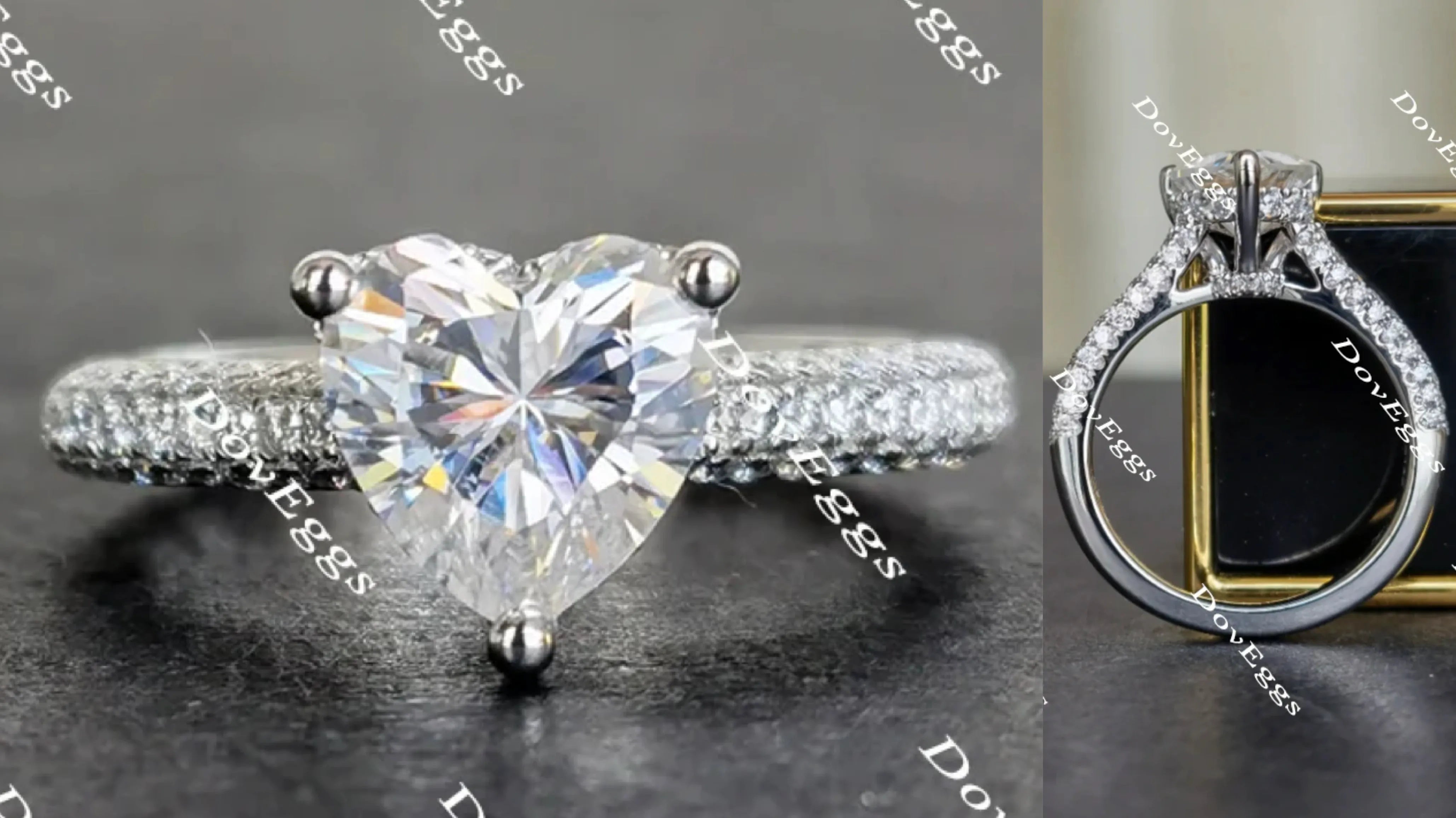 DovEggs half eternity pave heart moissanite engagement ring