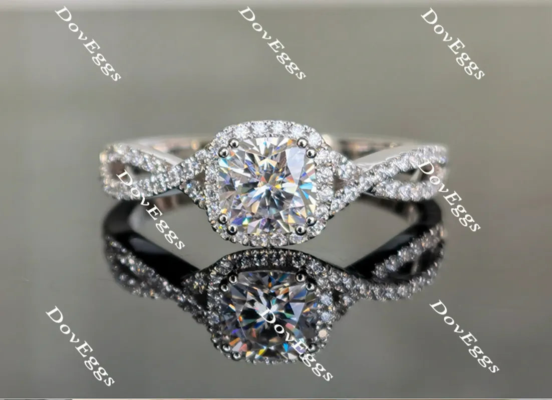 Doveggs cushion cris cross band halo moissanite engagement ring