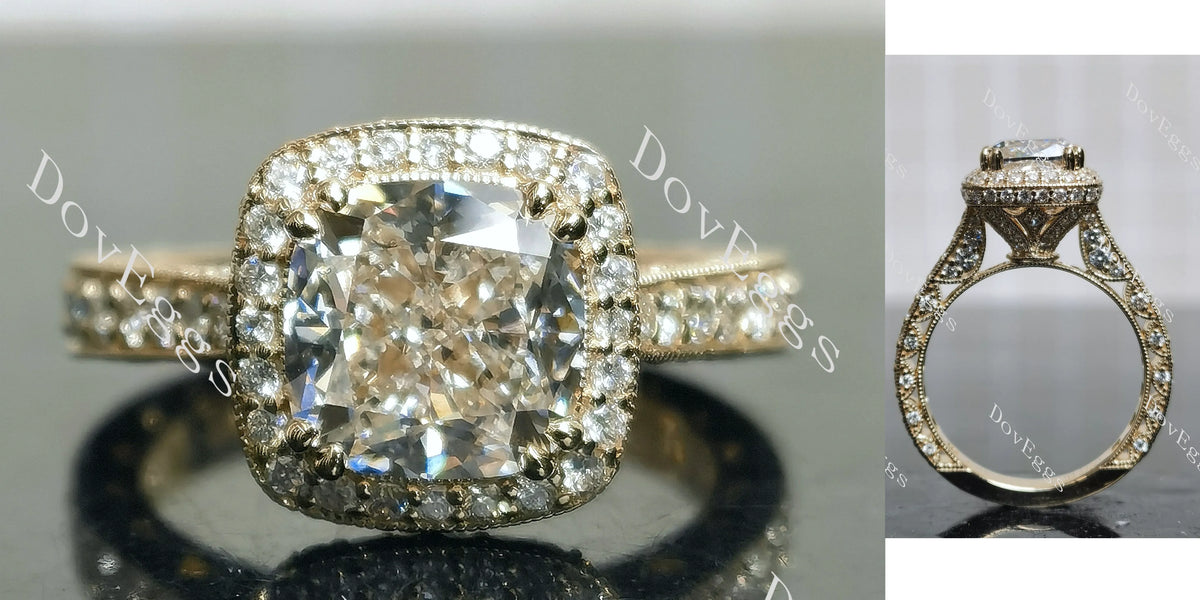 Doveggs Cushion Halo 3/4 Eternity Vintage Lab Grown Diamond Engagement Ring