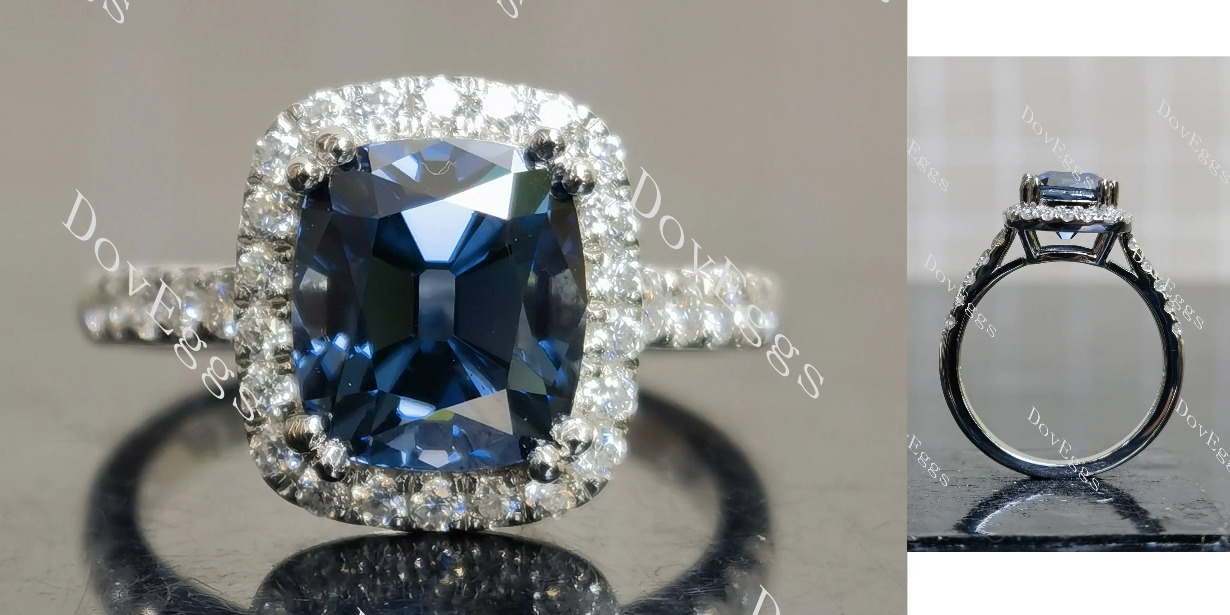 Doveggs cushion halo twilight blue moissanite engagement ring