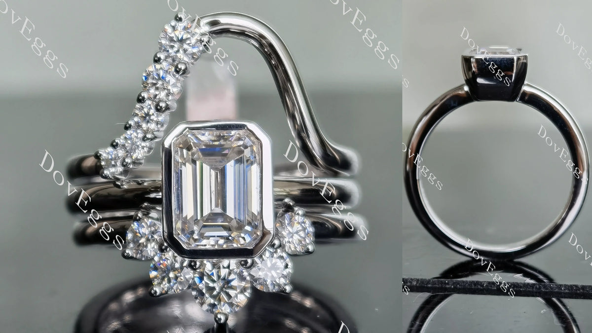 DovEggs emerald bezel solitaire moissanite bridal set (3 rings)