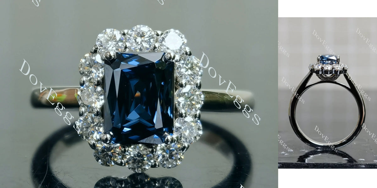 Doveggs criss cut halo twilight blue moissanite engagement ring