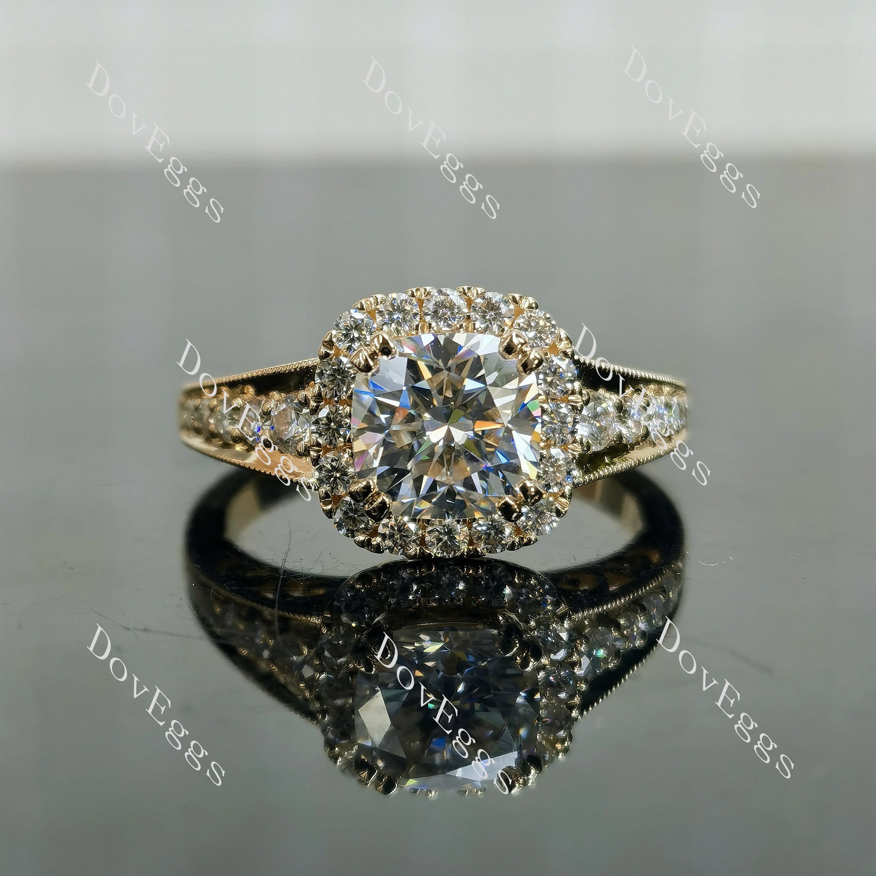 Doveggs cushion pave halo half eternity moissanite engagement ring