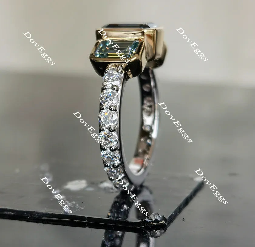 DovEggs emerald bezel setting three-stone moissanite ring