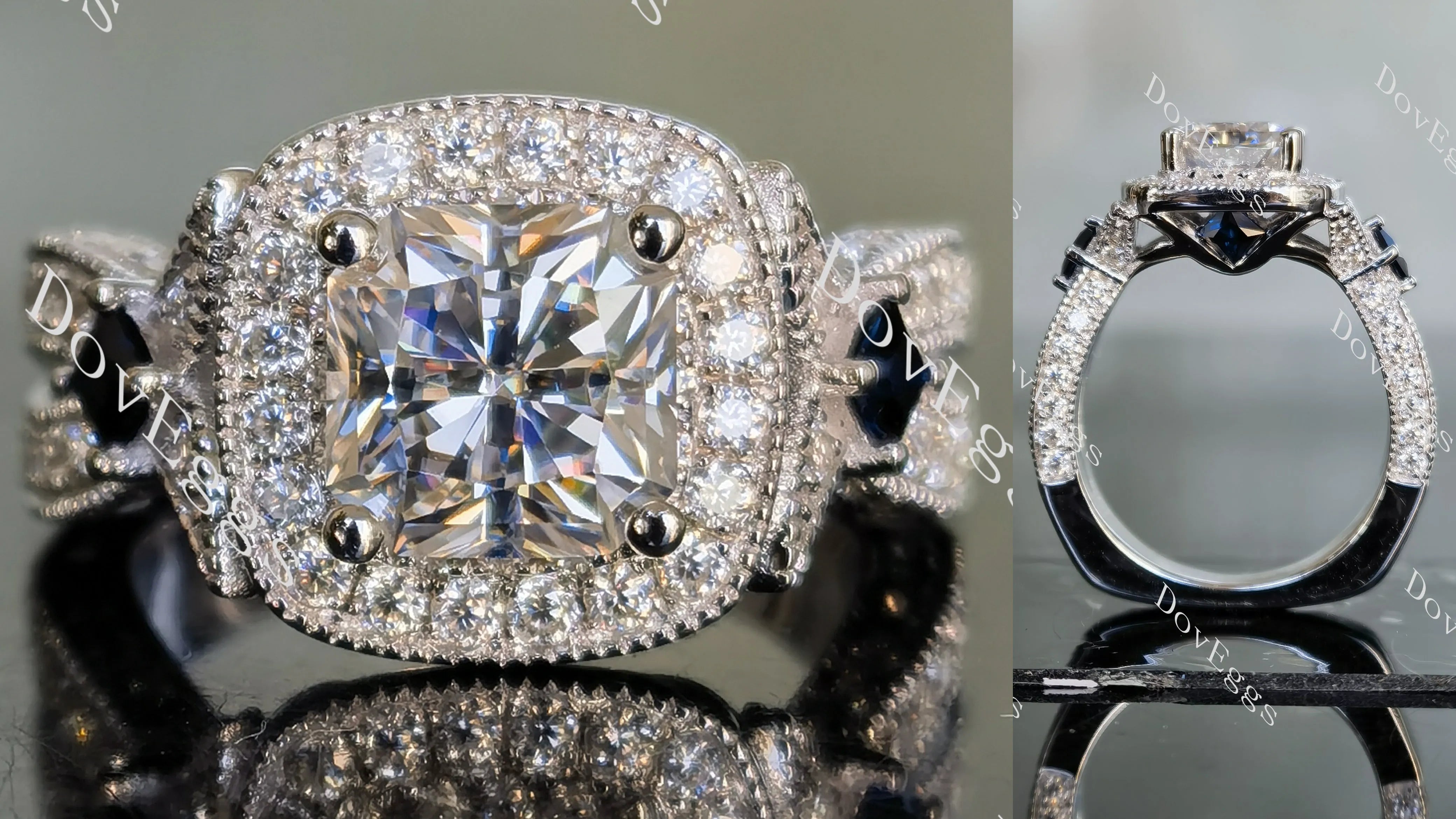 DovEggs radiant pave halo moissanite engagement ring