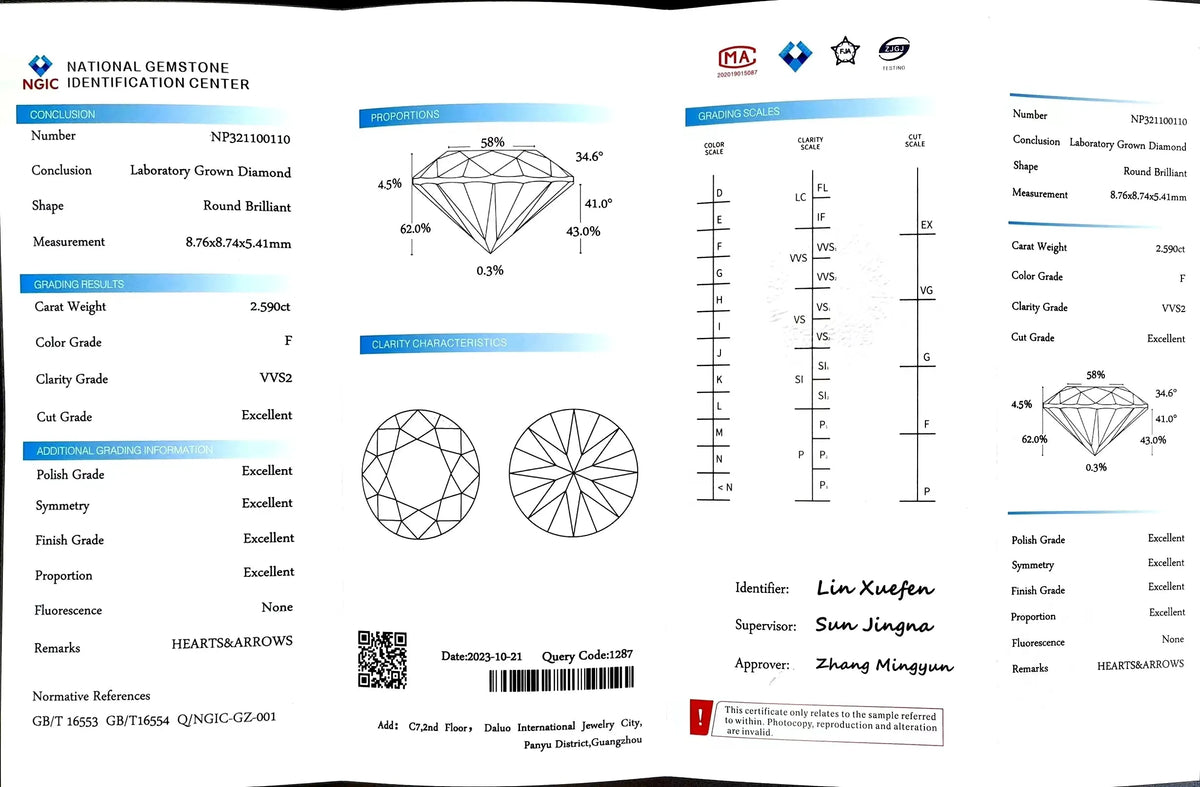 Doveggs 2.59ct Round F Color VVS2 Clarity Excellent cut lab diamond stone(certified) (Sold by #22526， 20%）
