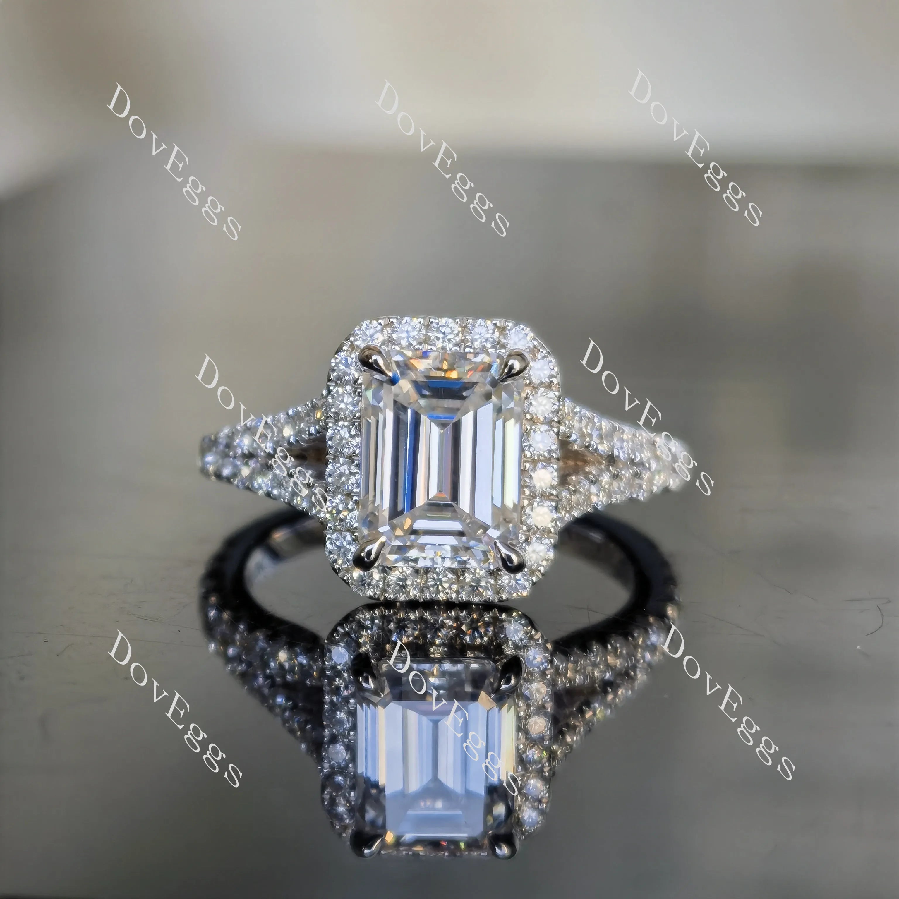 DovEggs emerald split shank pave halo moissanite engagement ring