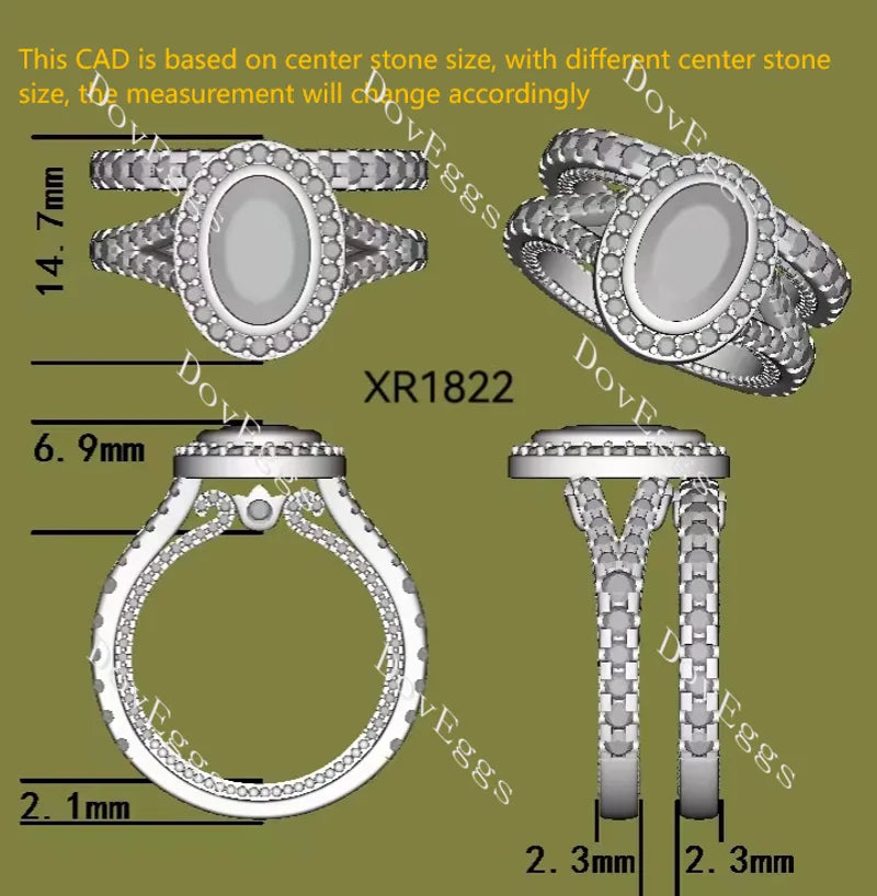 Doveggs Oval Bezel Halo Split Shanks 3/4 Eternity Lab Grown Diamond Engagement Ring