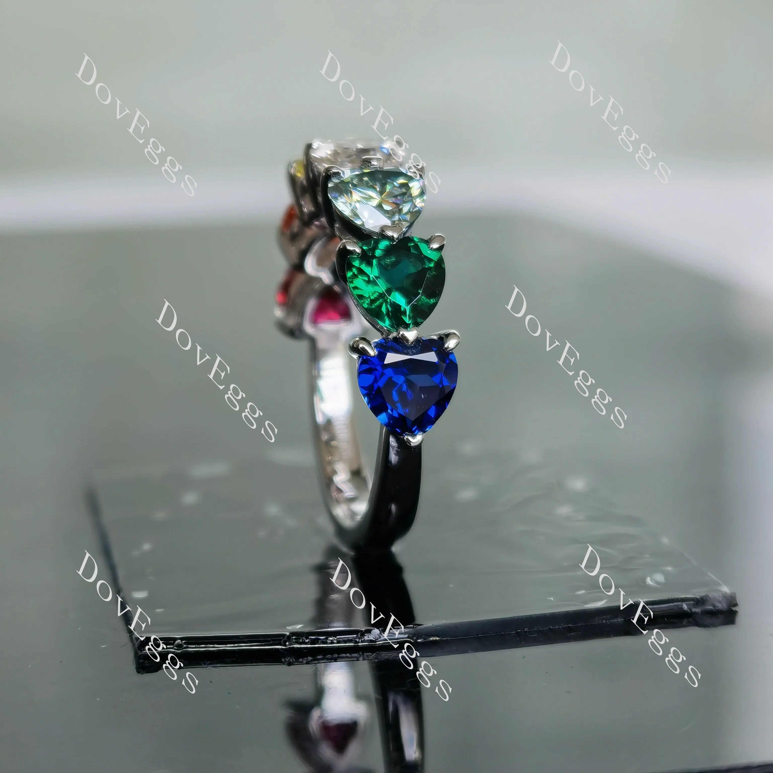 Doveggs heart ruby/orange-yellow sapphire/GHI-peacock blue moissanite/emerald/blue sapphire band-2.5mm band width