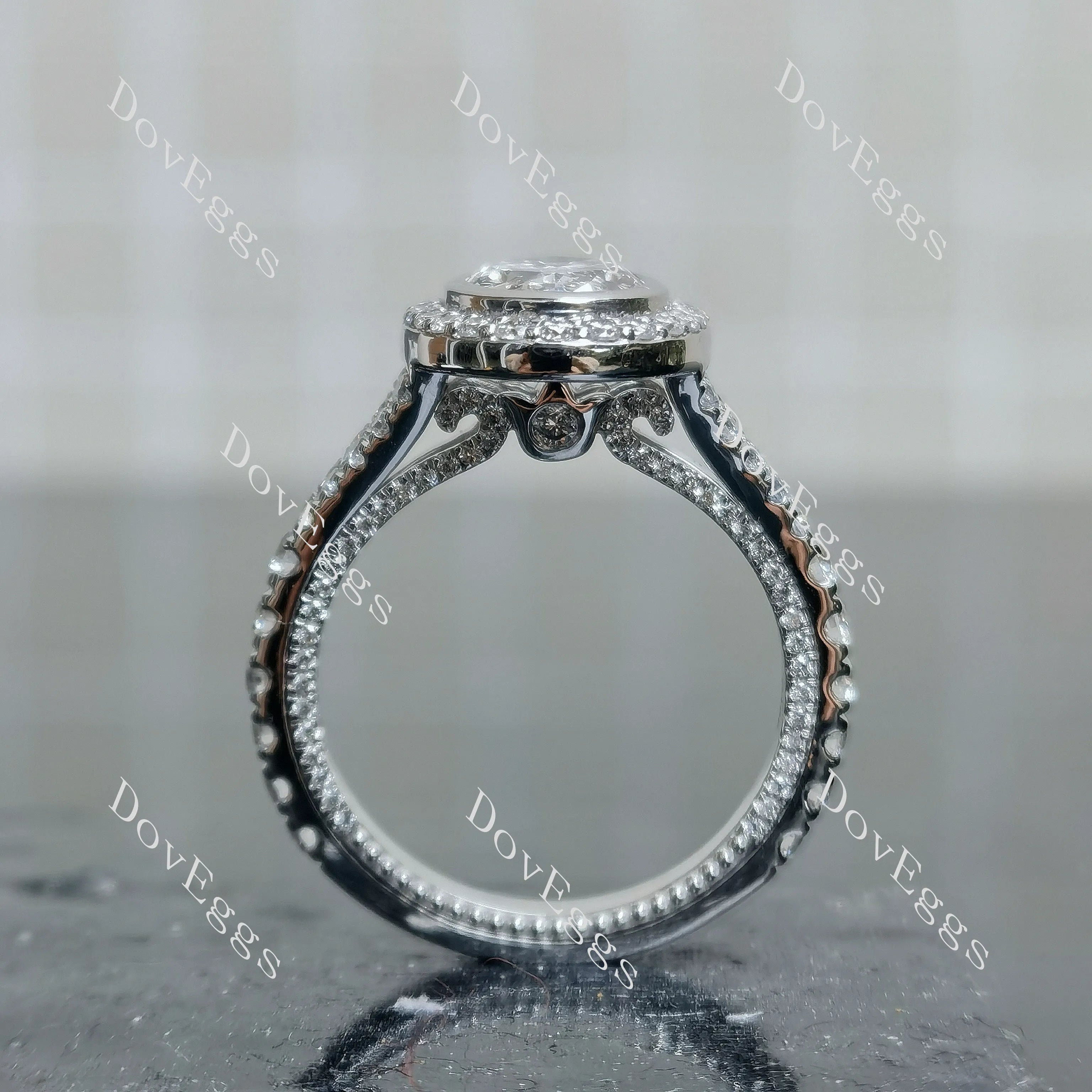 Doveggs Oval Bezel Halo Split Shanks 3/4 Eternity Lab Grown Diamond Engagement Ring