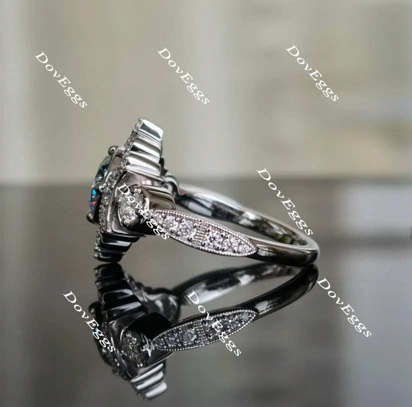 Doveggs round art deco Peacock blue moissanite engagement ring