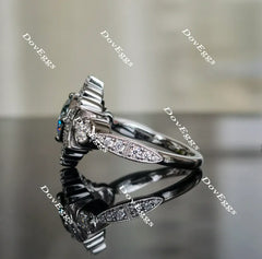 Doveggs round art deco Peacock blue moissanite engagement ring
