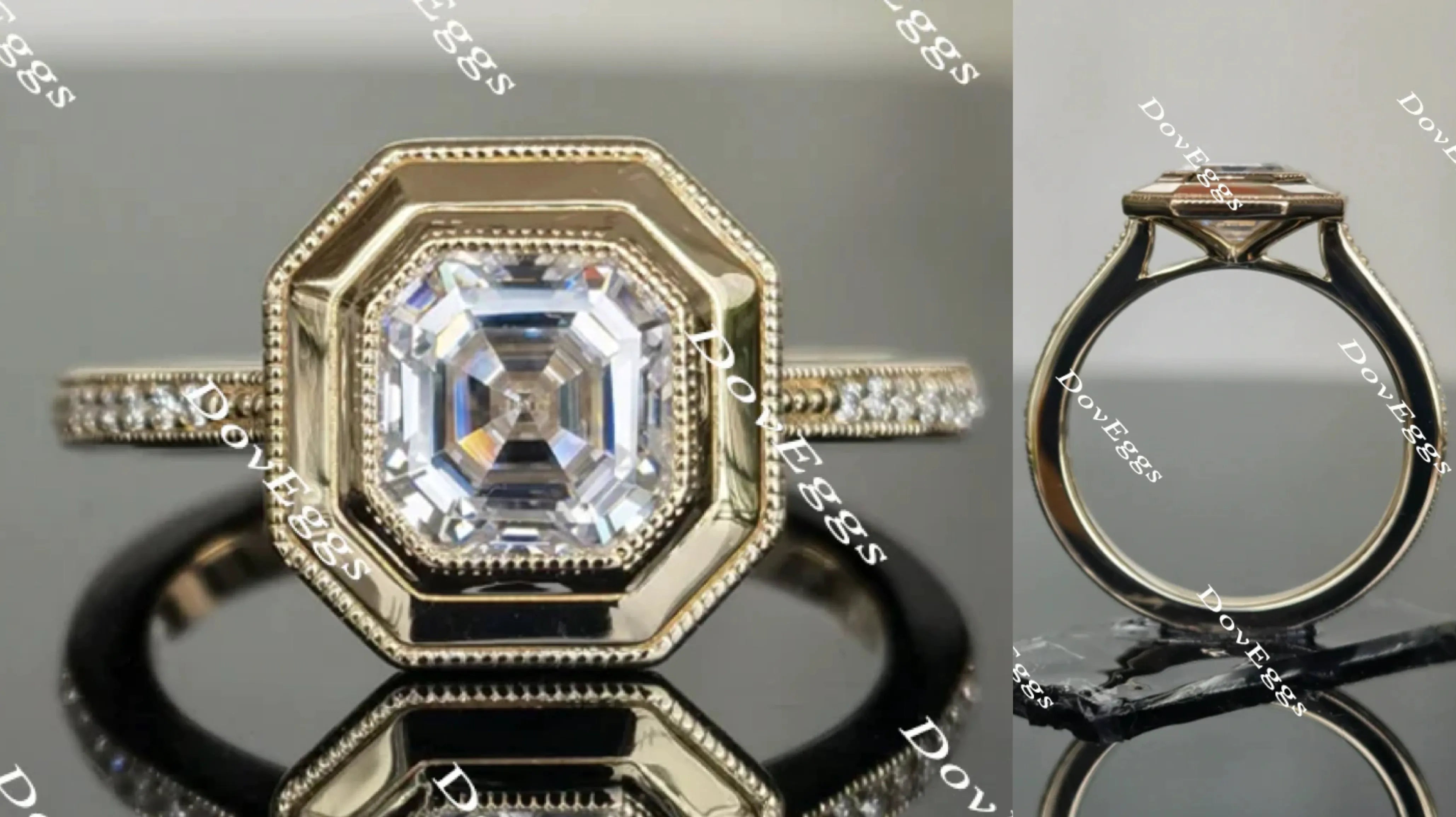 Doveggs asscher half eternity pave moissanite engagement ring