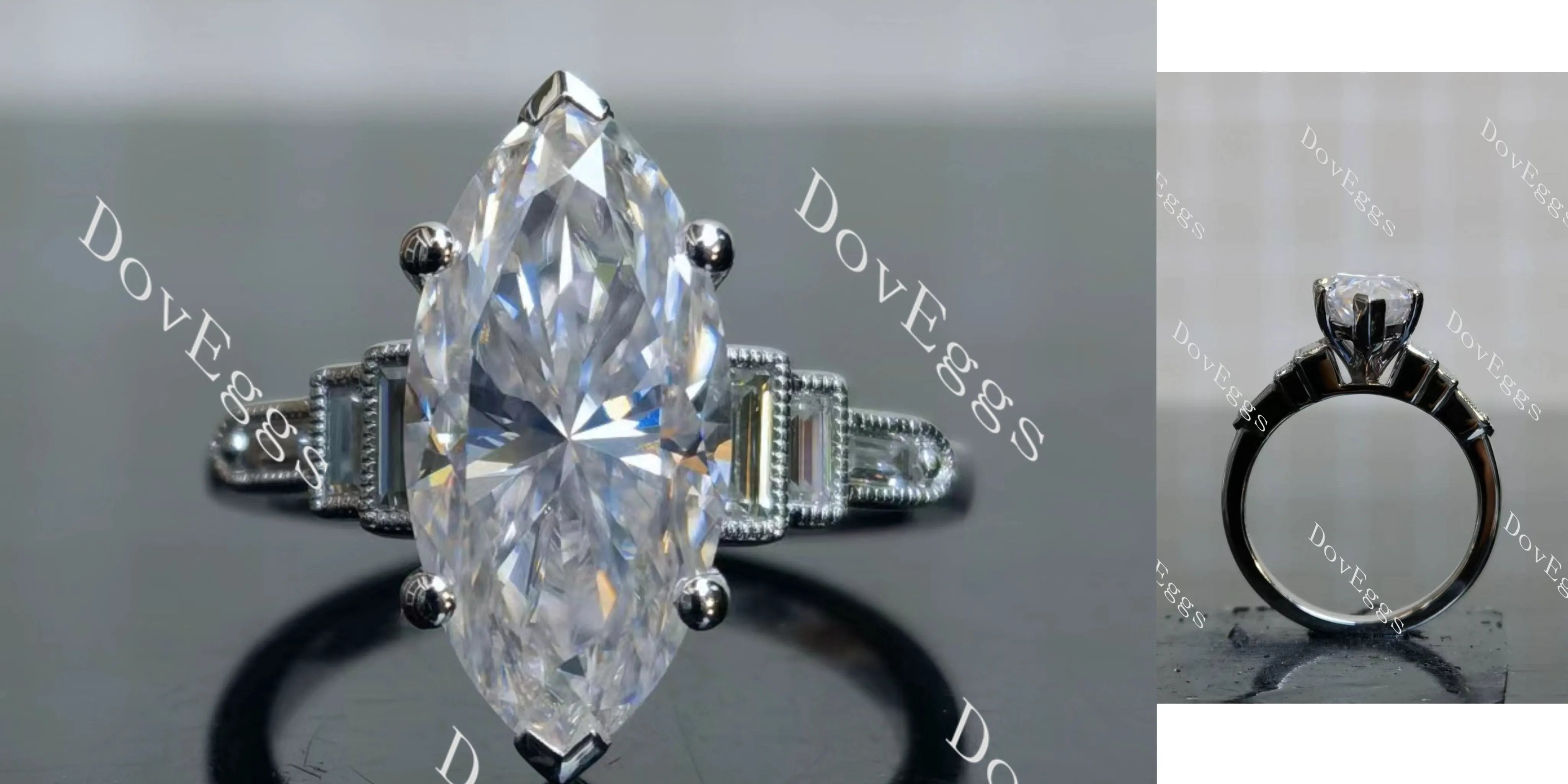 Doveggs Marquise Modified H&A cut pave side stones moissanite engagement ring