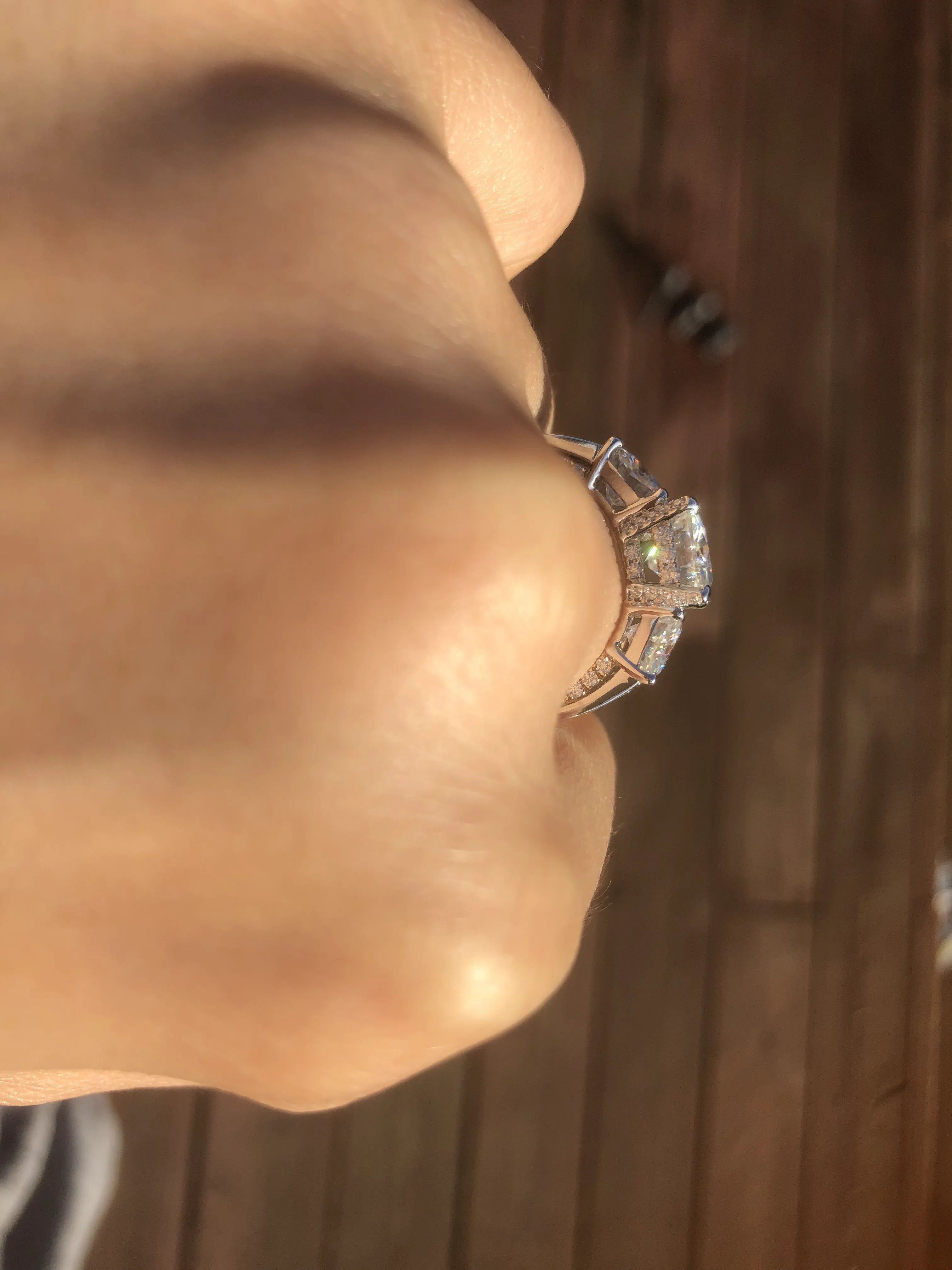 Doveggs cushion three-stone moissanite engagement ring