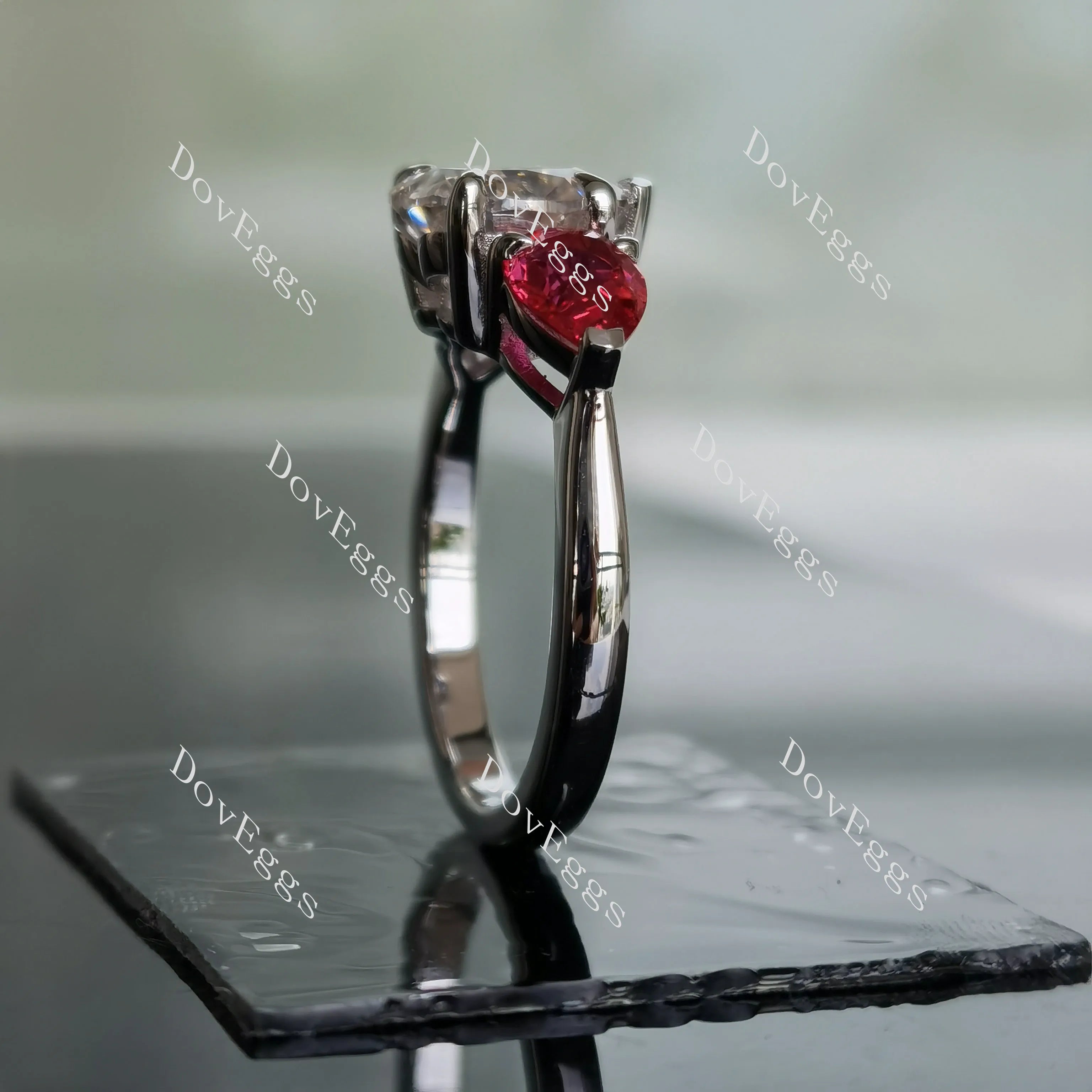 DovEggs heart three stones moissanite & colored gem engagement ring