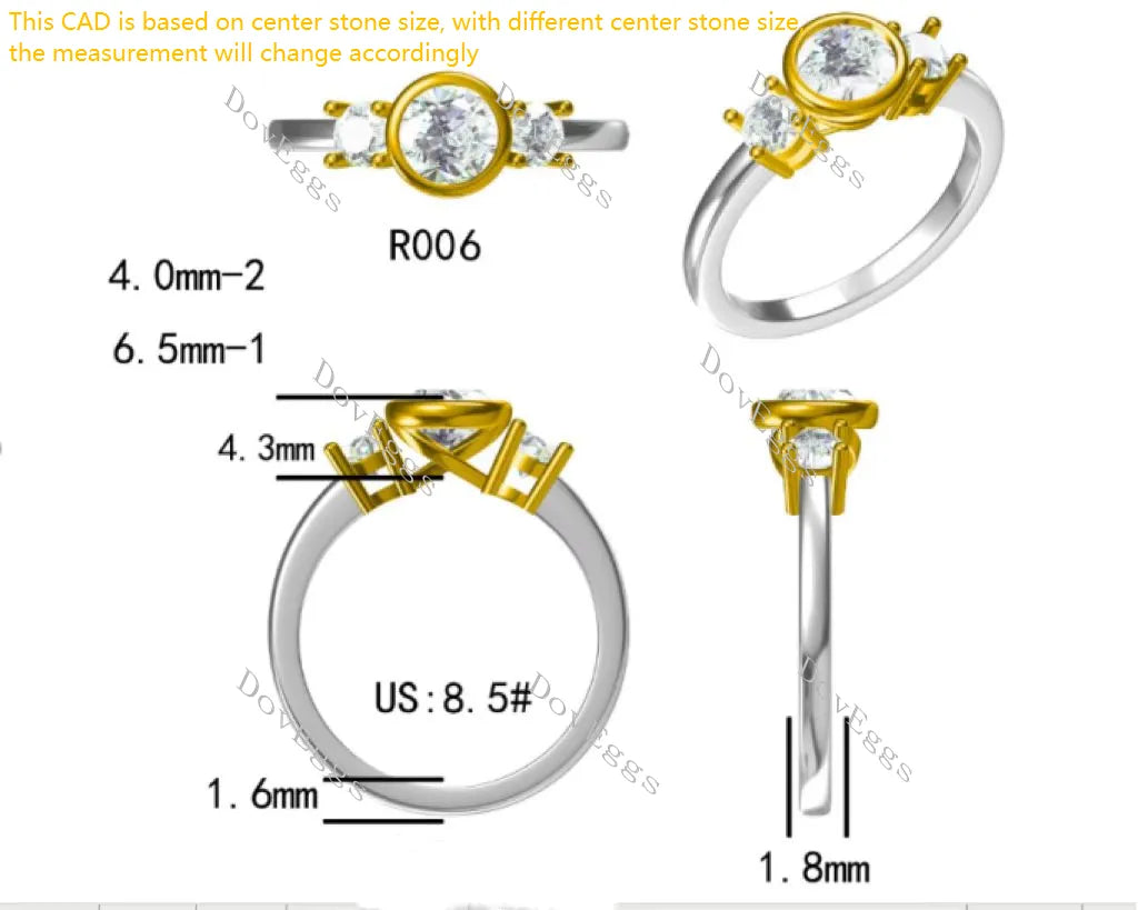 Doveggs round side stones three-stone bezel colored gem engagement ring