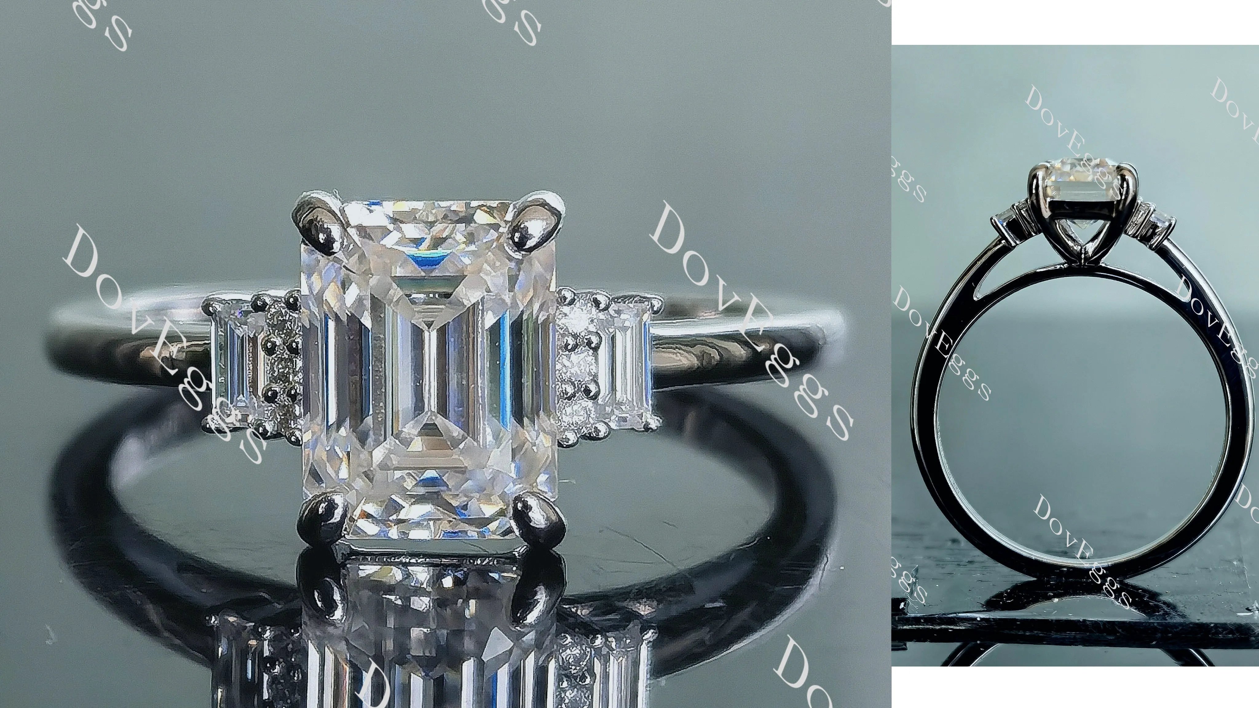 Doveggs emerald side stone moissanite engagement ring