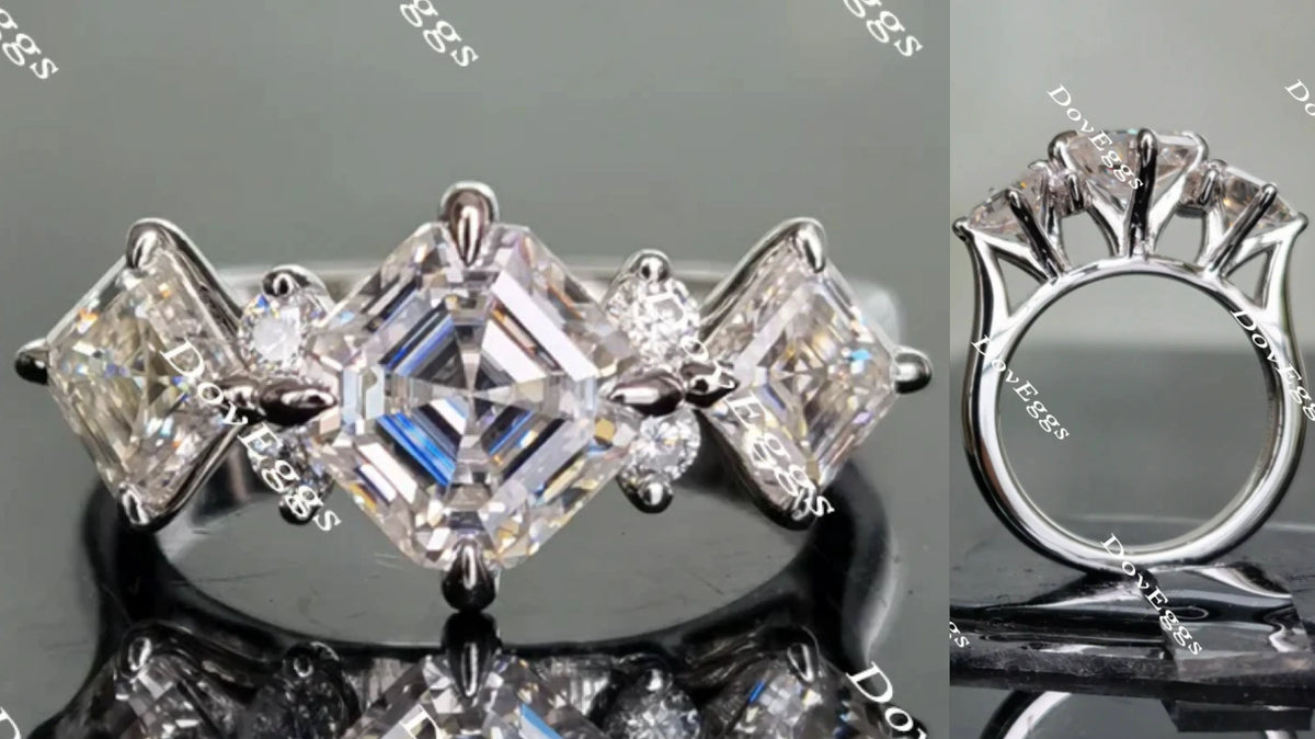 GRETZYA three stones Asscher moissanite engagement ring