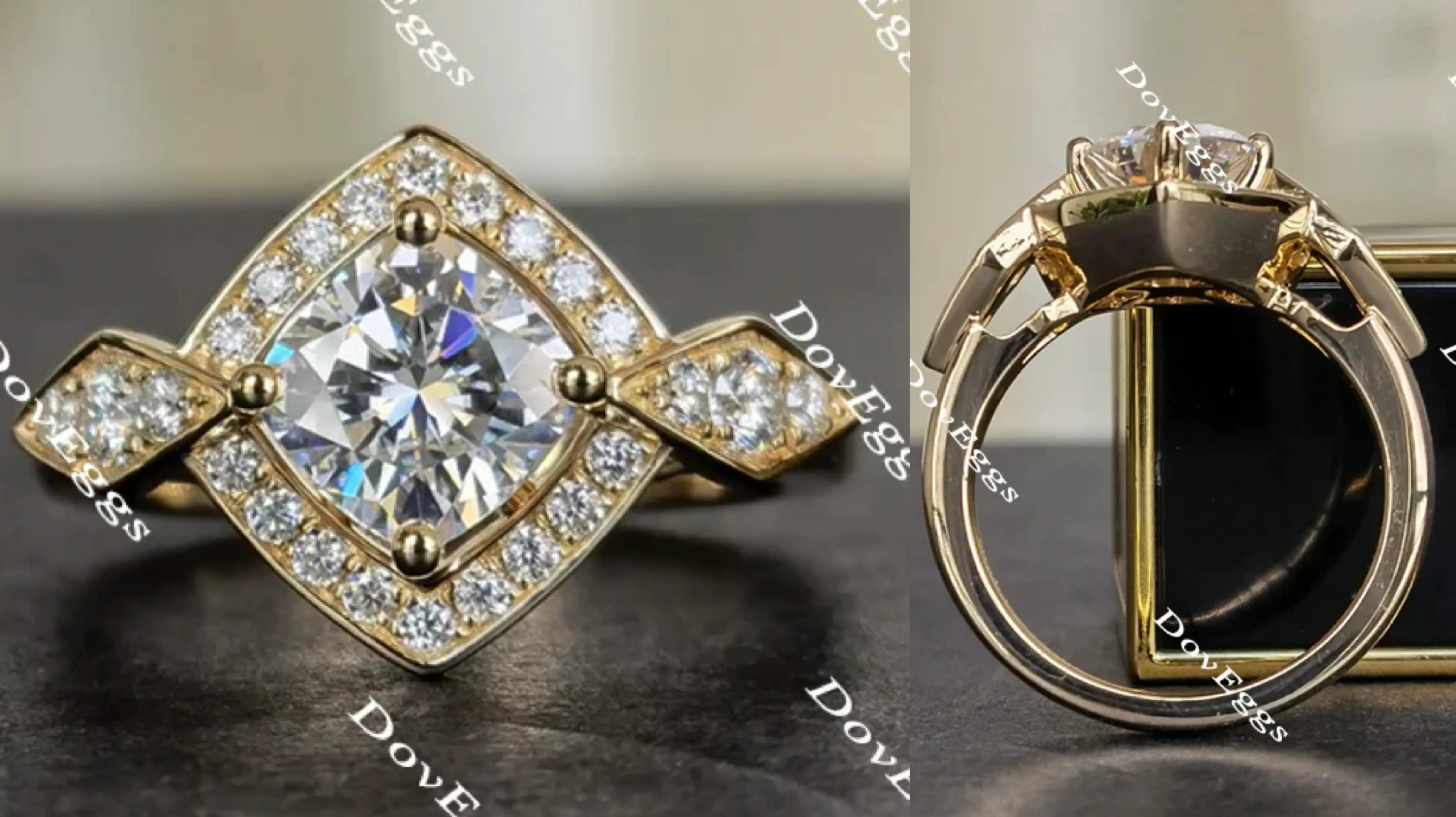 Doveggs cushion art deco halo moissanite engagement ring