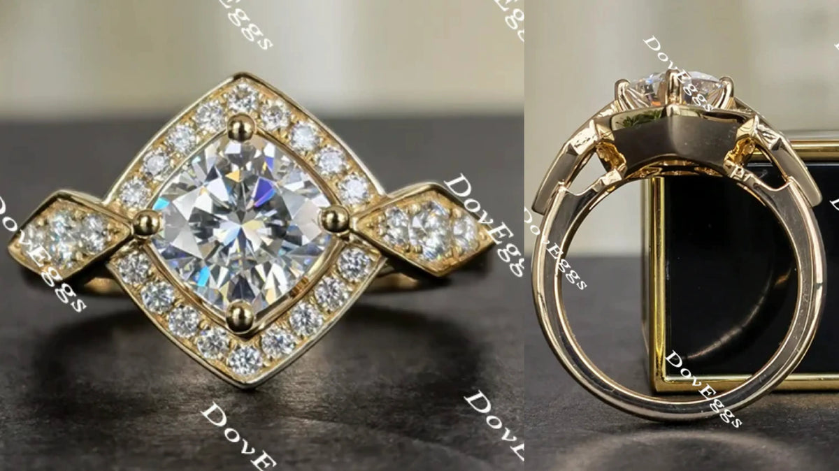 Doveggs cushion art deco halo moissanite engagement ring