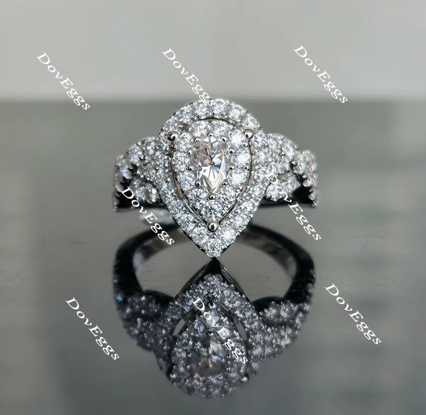 Pear split shank double halo moissanite engagement ring|DovEggs