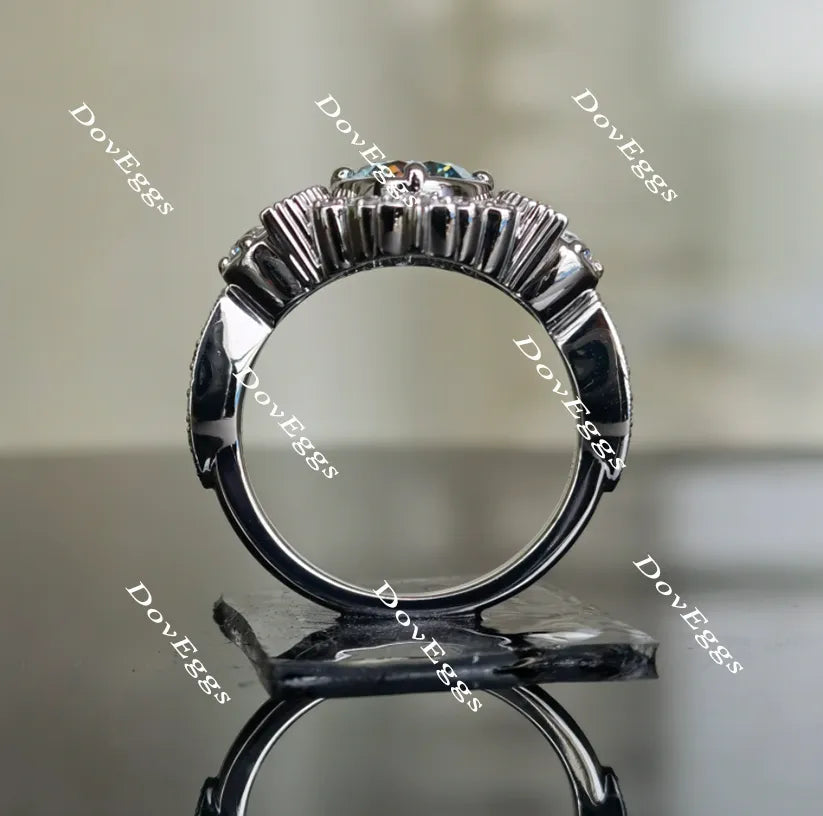 Doveggs round art deco Peacock blue moissanite engagement ring