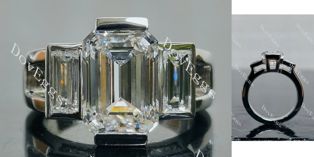 Doveggs Emerald Three Stones Split Shanks Lab Grown Diamond Engagement Ring