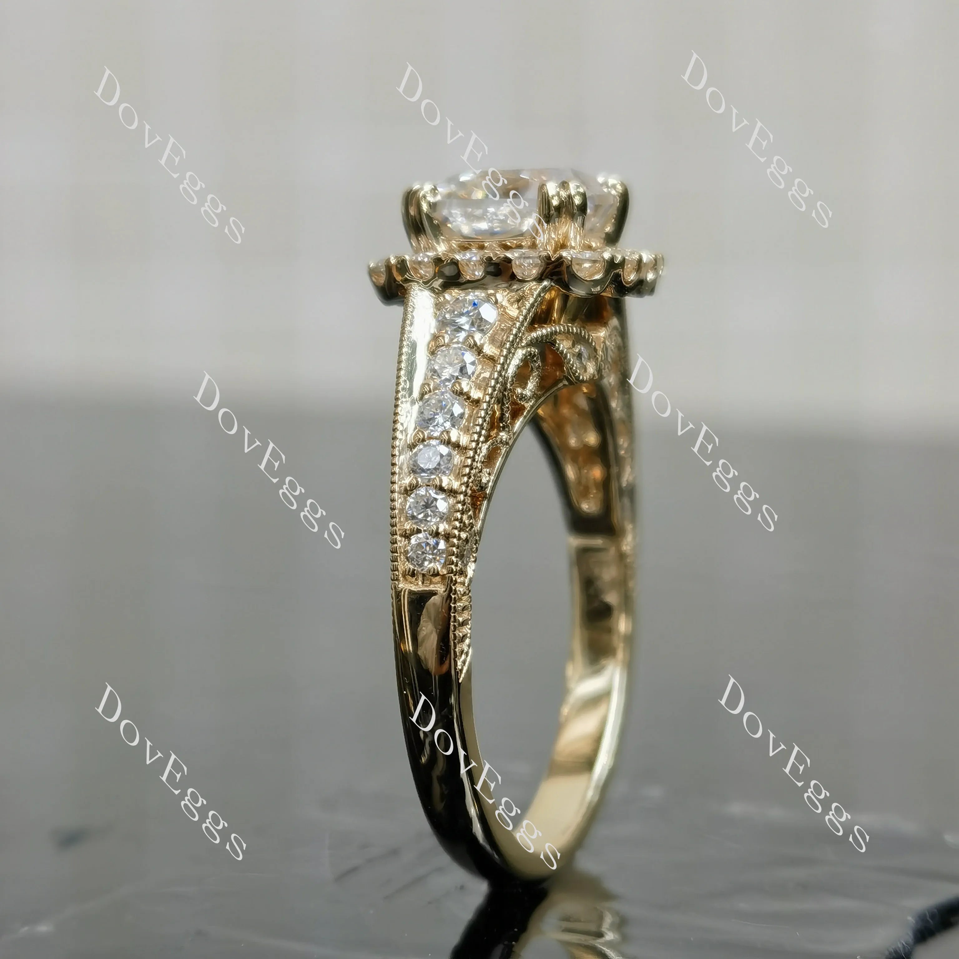 Doveggs cushion pave halo half eternity moissanite engagement ring