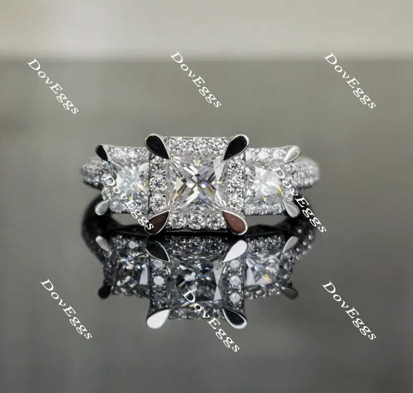 Doveggs princess three stones halo moissanite engagement ring