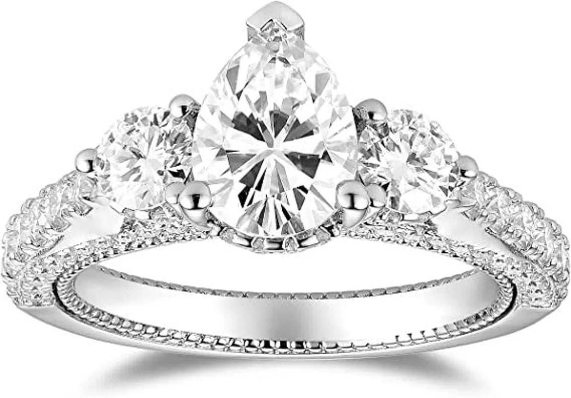 Doveggs pear vintage/antique pave moissanite engagement ring in sterling silver setting