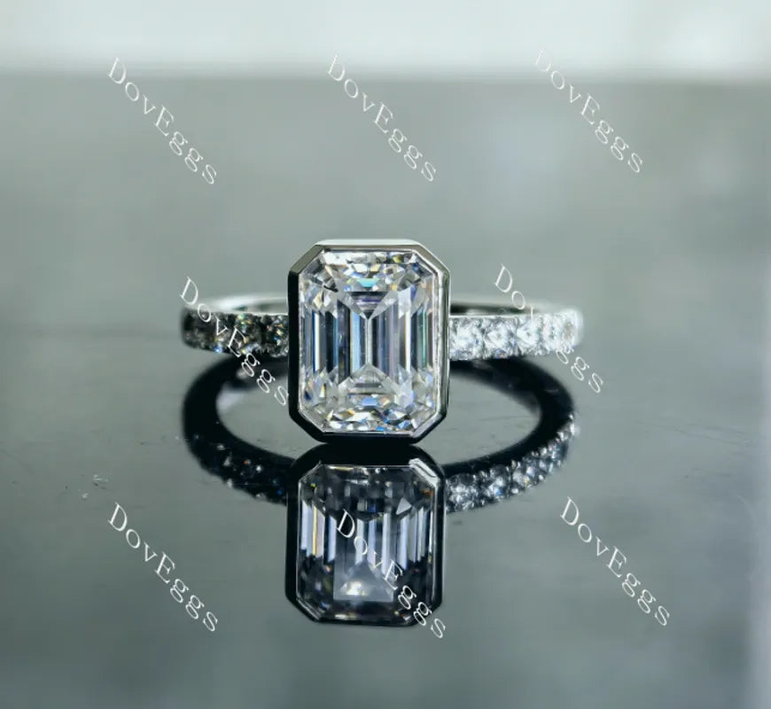 DovEggs emerald bezel half eternity pave moissanite engagement ring