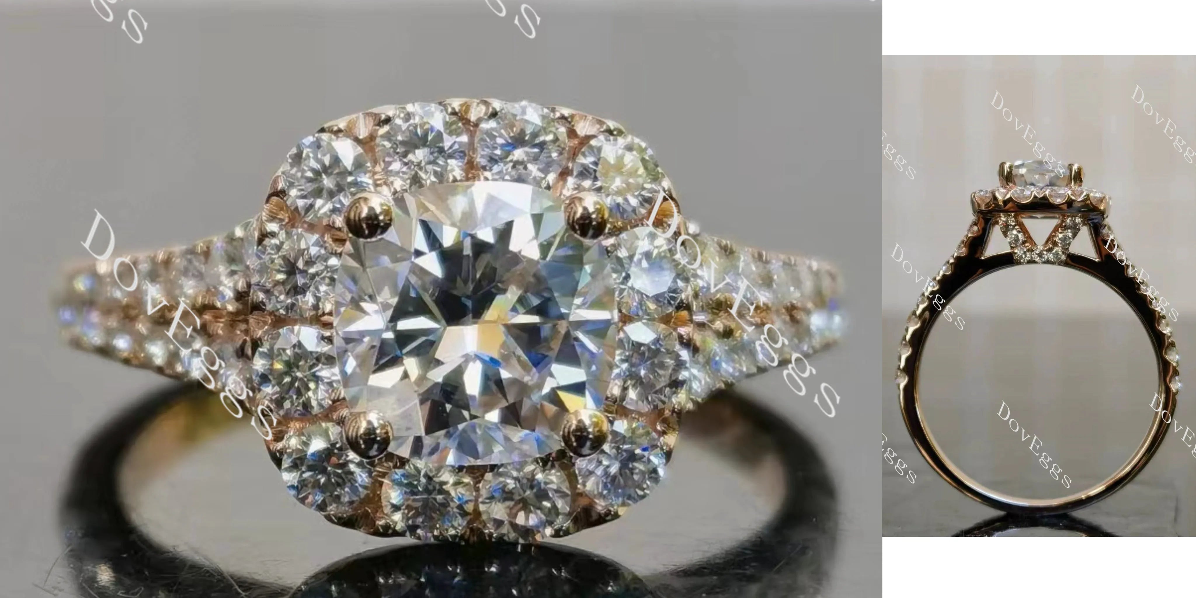 Doveggs cushion halo half eternity moissanite engagement ring