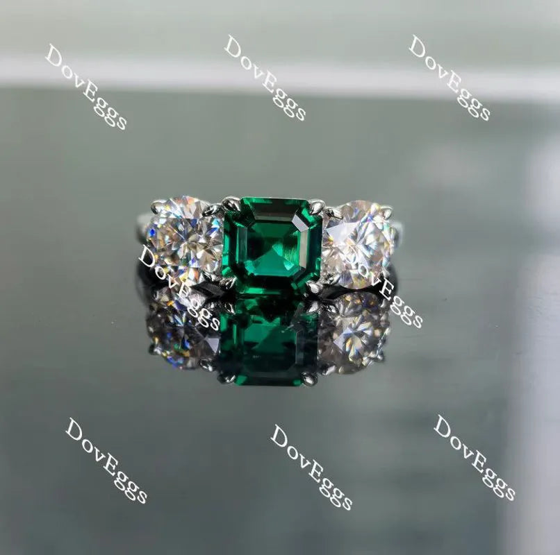 Doveggs three-stone asscher zambia emerald colored gem engagement ring