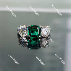Doveggs three-stone asscher zambia emerald colored gem engagement ring