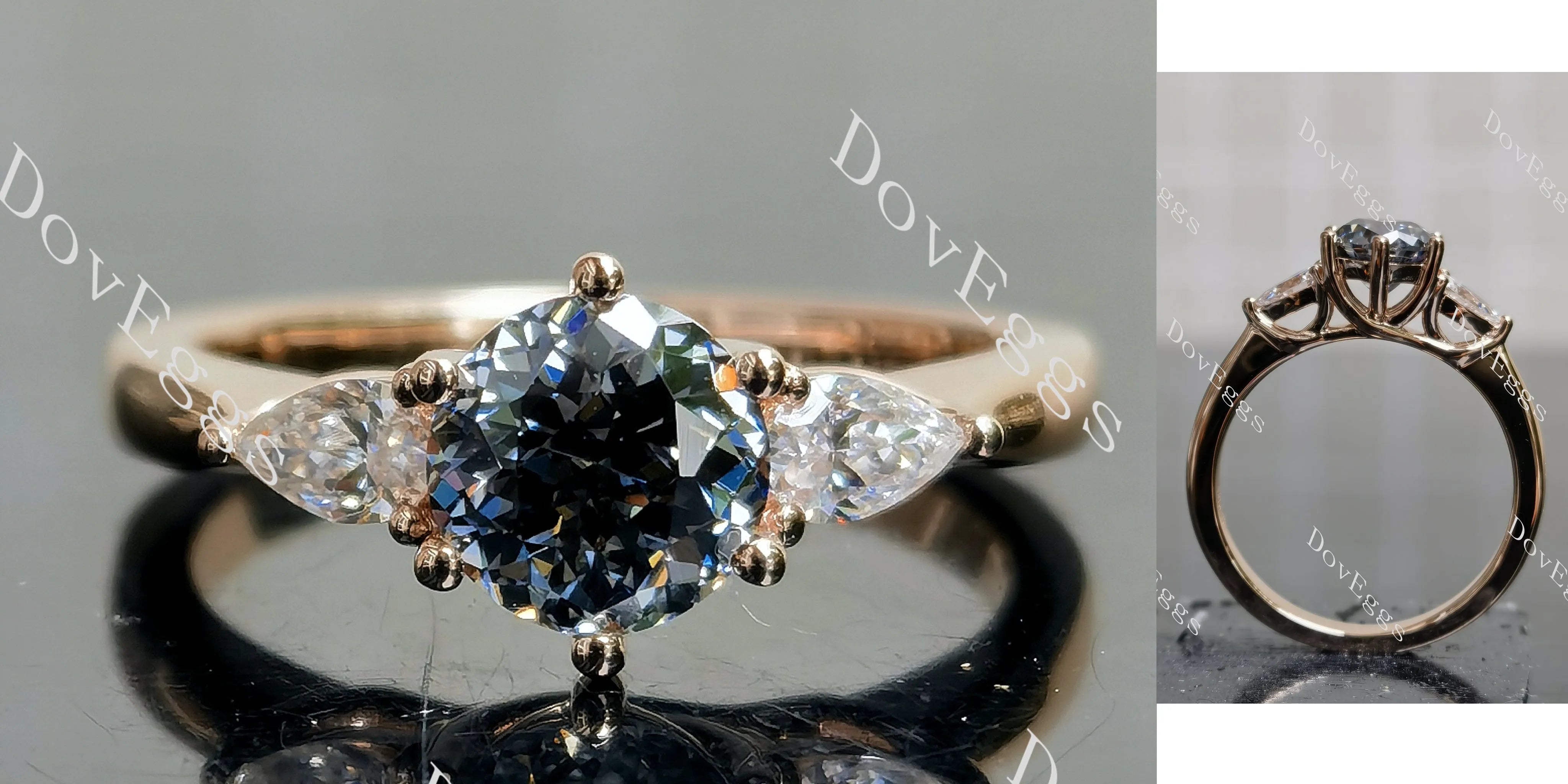 Doveggs round three-stone stardust grey moissanite engagement ring