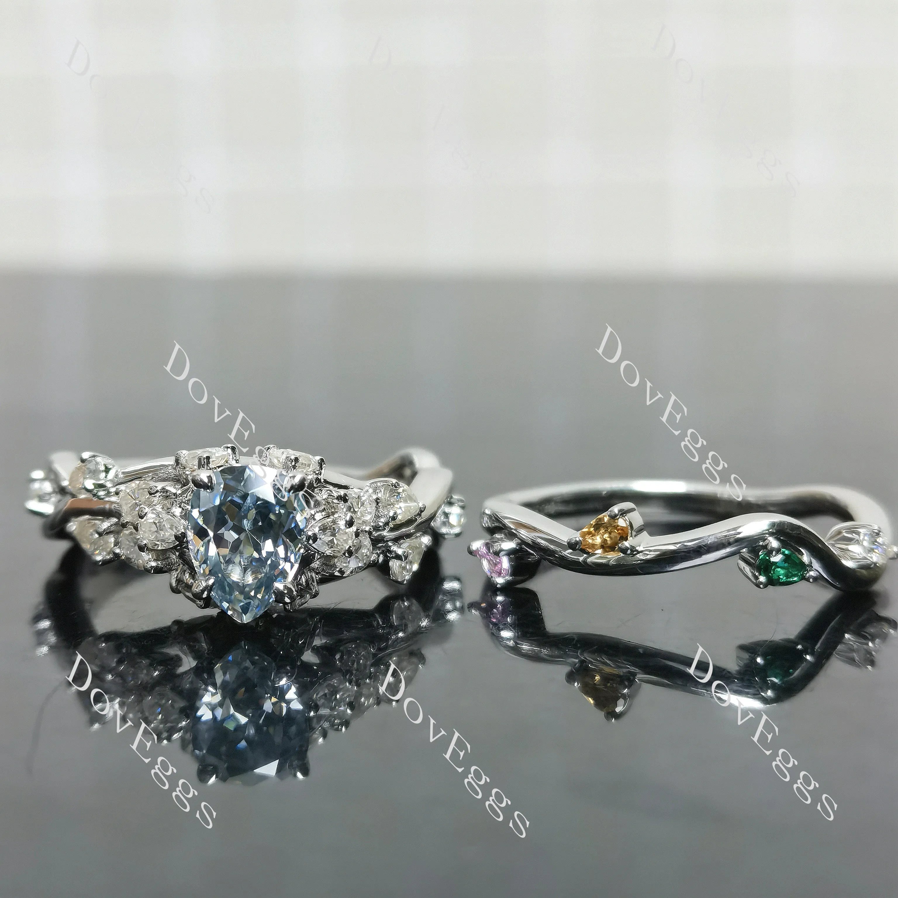(size 9)Doveggs sterling silver 1.5ct Pear moissanite engagement ring set