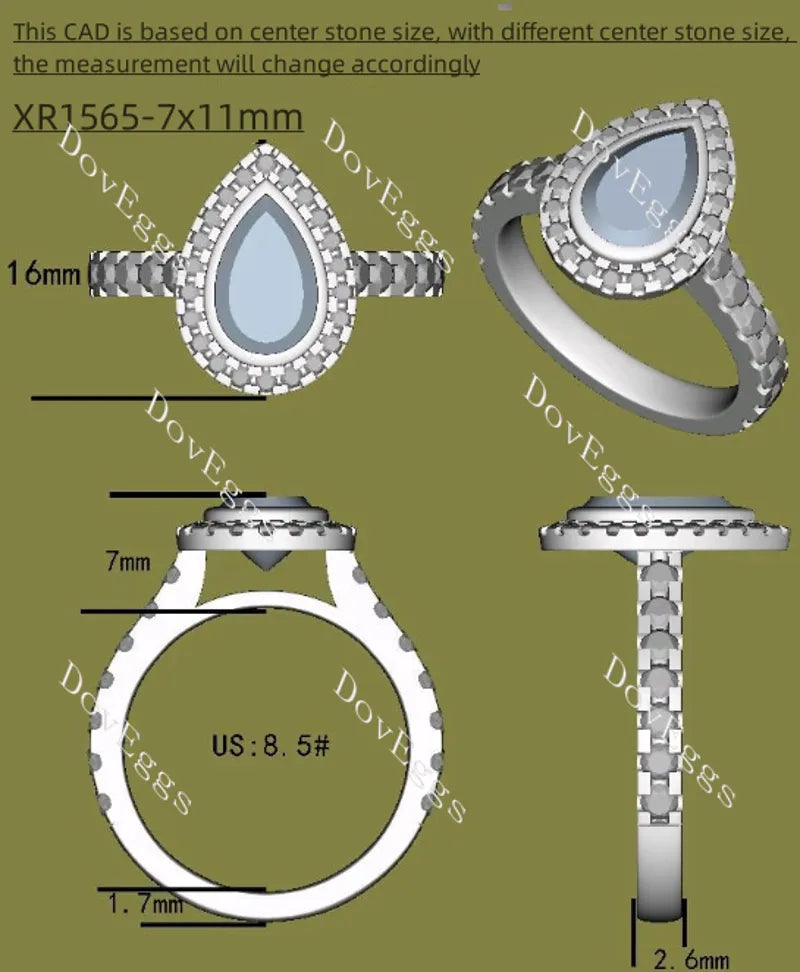 DovEggs pear halo bezel pave twilight blue moissanite engagement ring