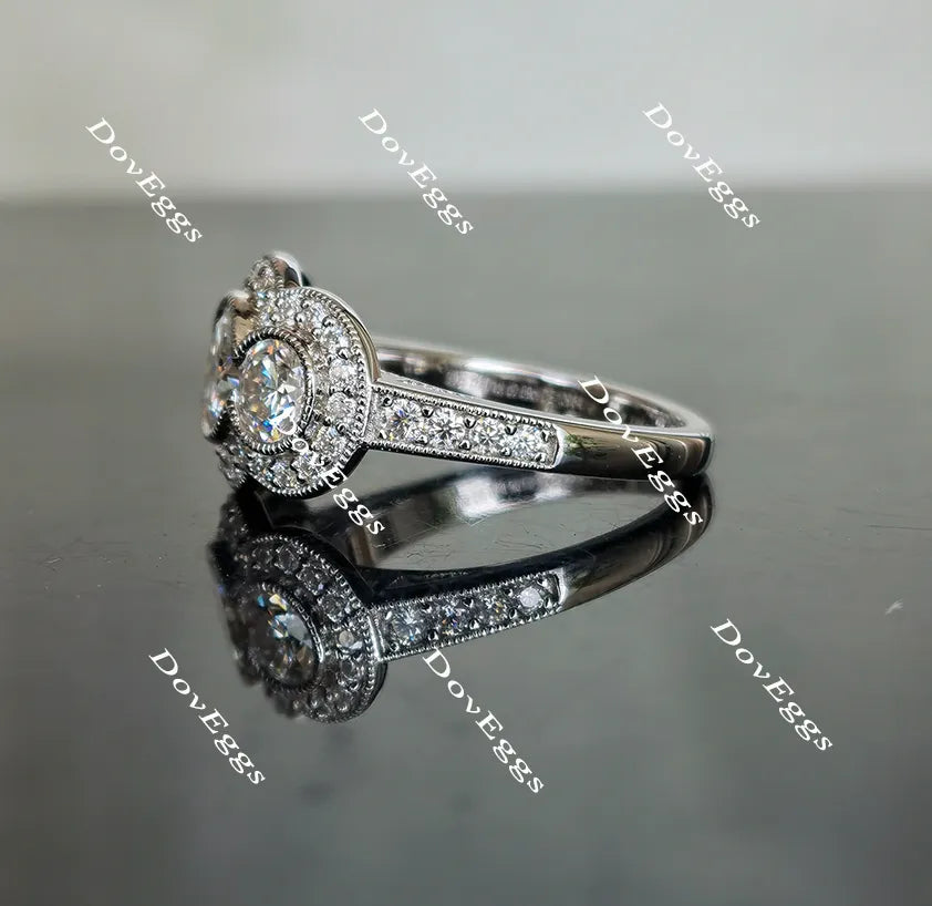 Doveggs three-stone halo pave moissanite engagement ring