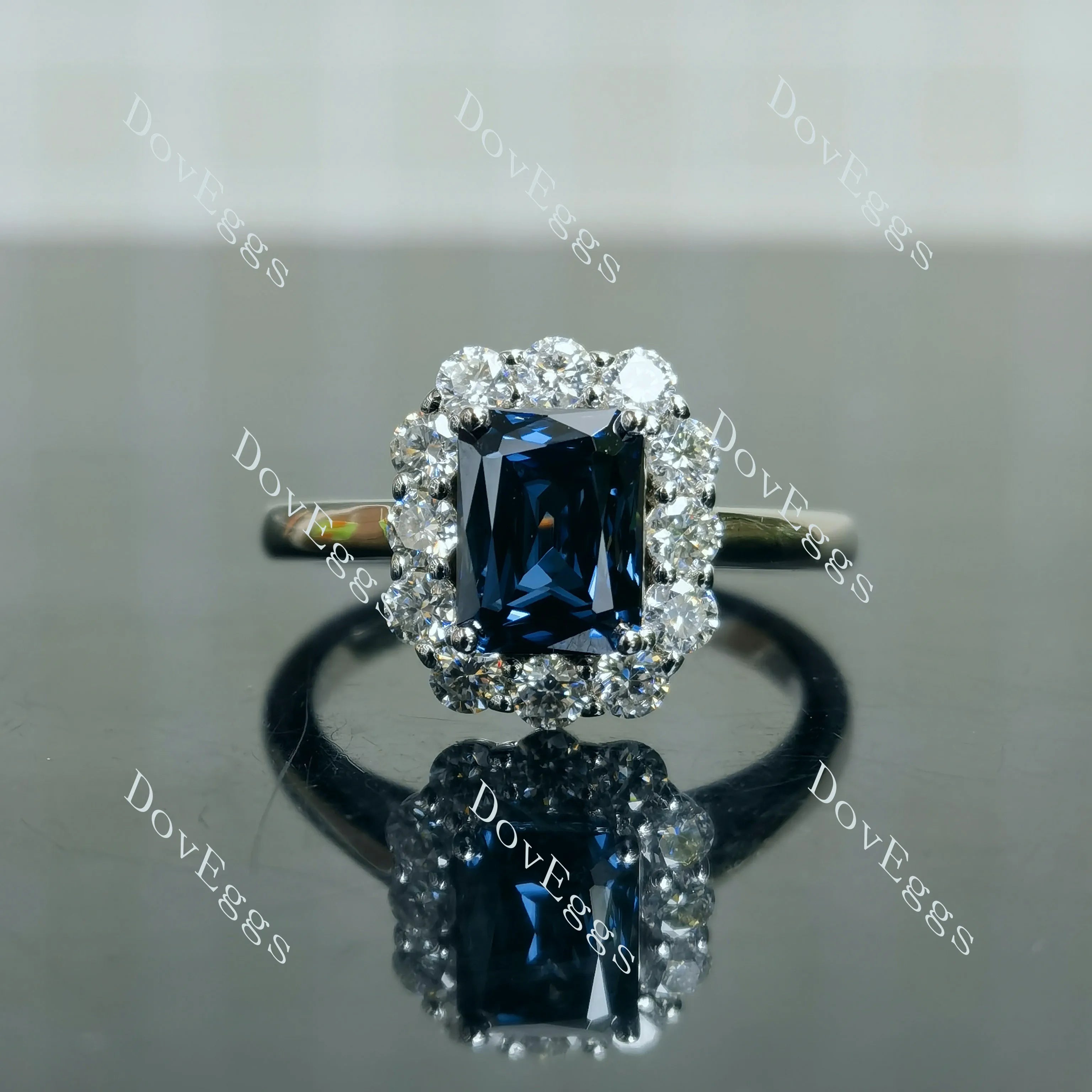 Doveggs criss cut halo twilight blue moissanite engagement ring