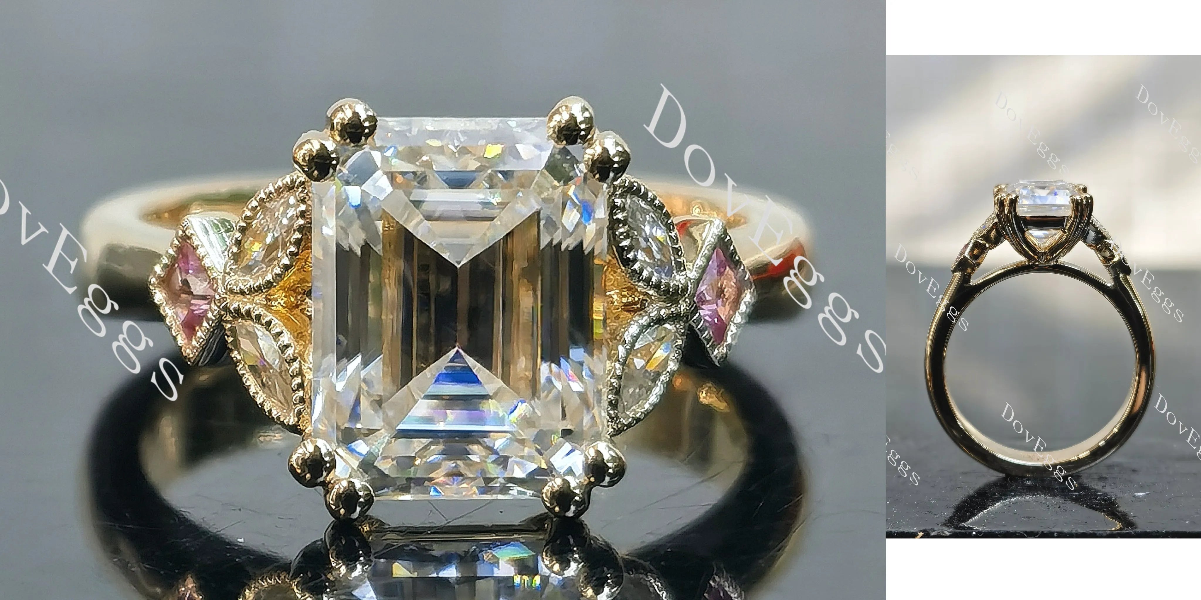 Dolly emerald pave side stones moissanite engagement ring