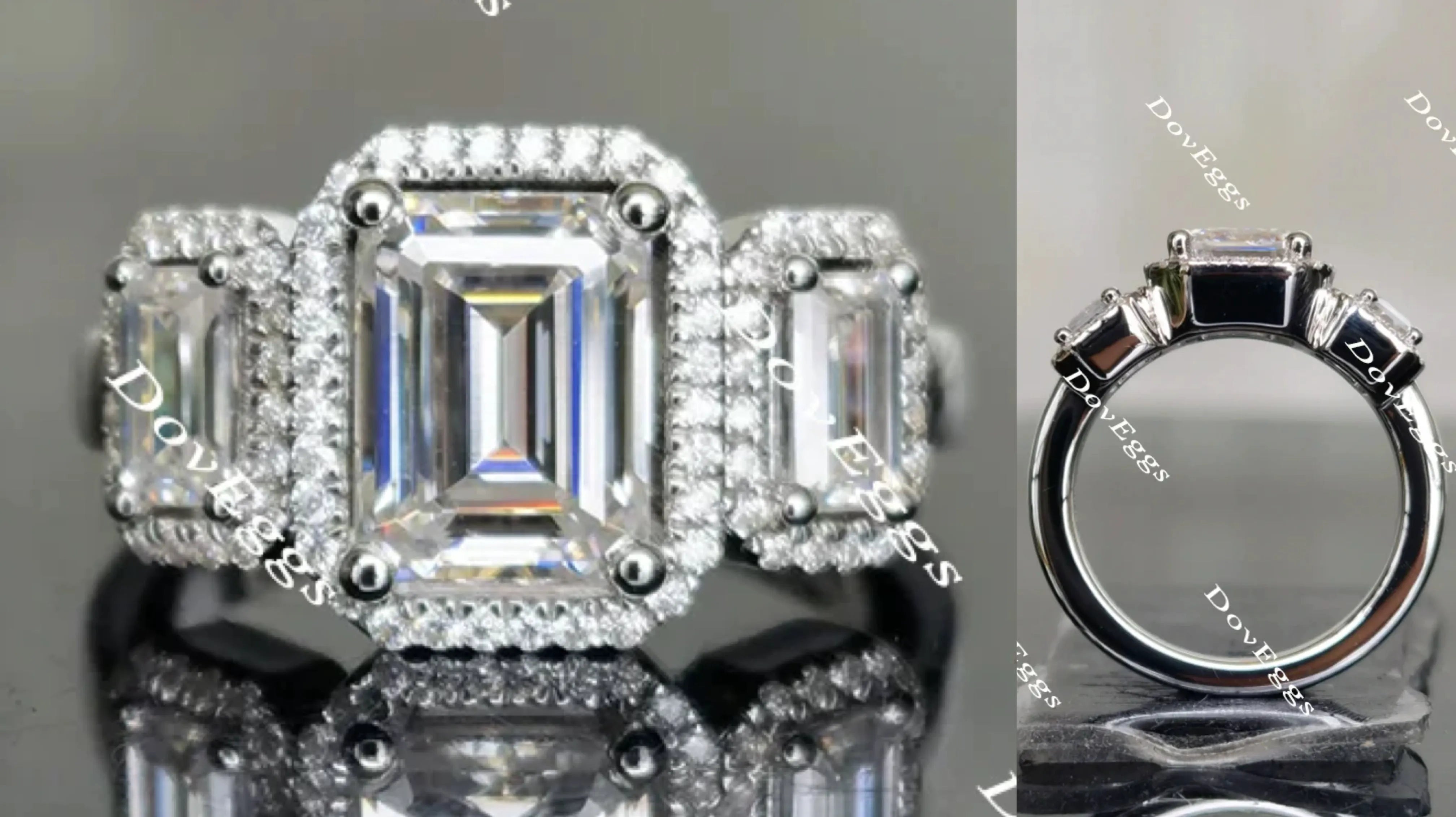 Doveggs three stone halo emerald moissanite engagement ring
