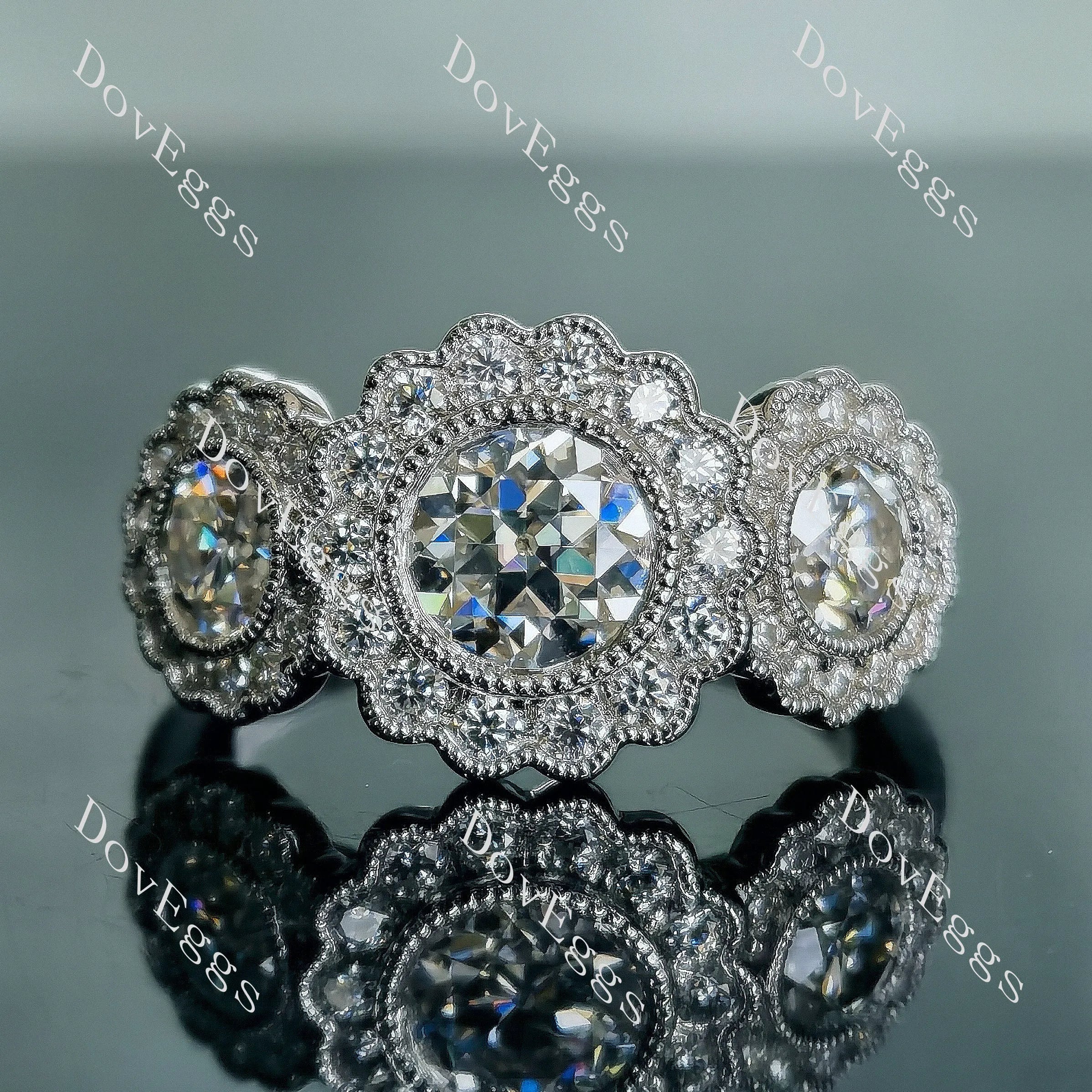 Doveggs round floral halo three stones moissanite engagement ring
