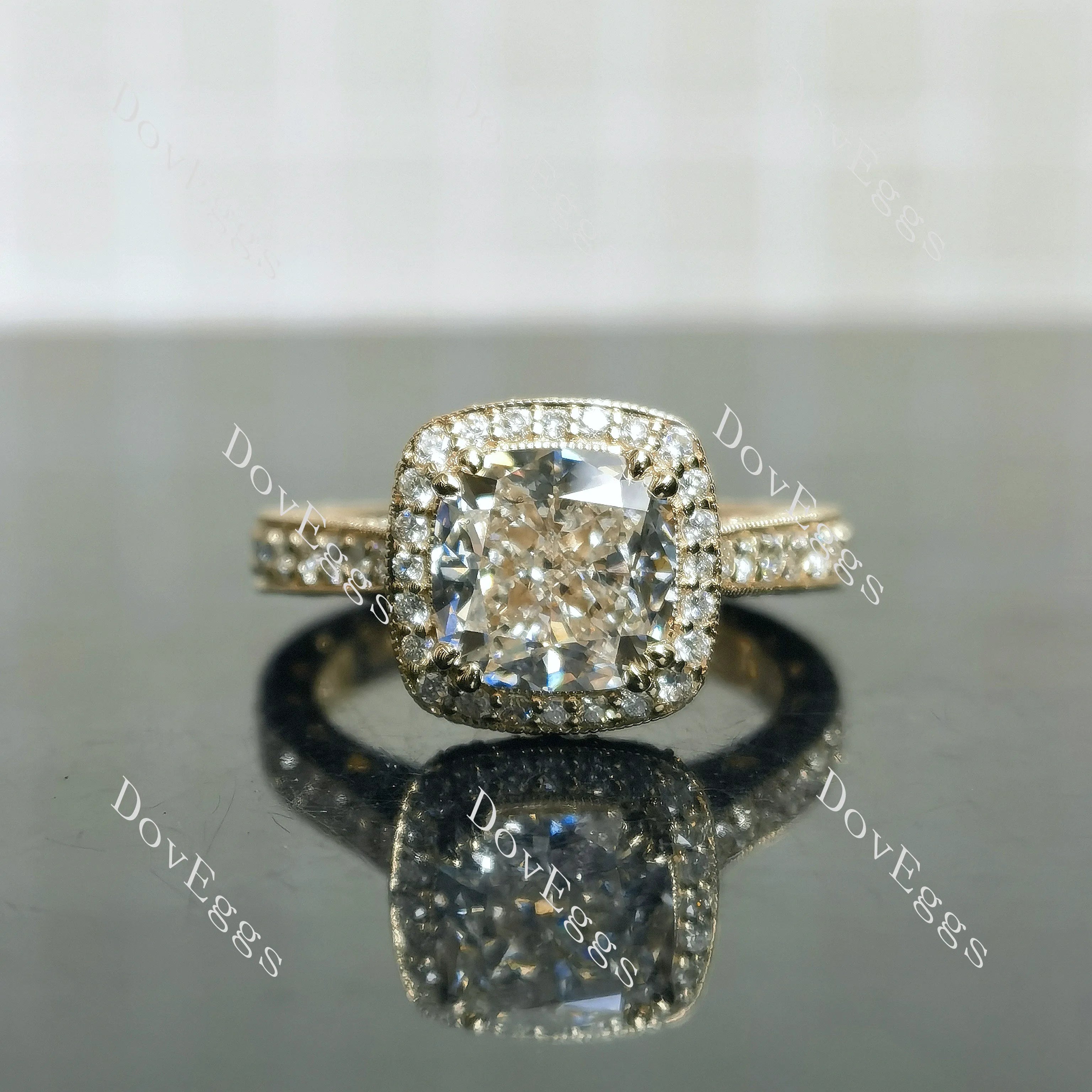 Doveggs Cushion Halo 3/4 Eternity Vintage Lab Grown Diamond Engagement Ring